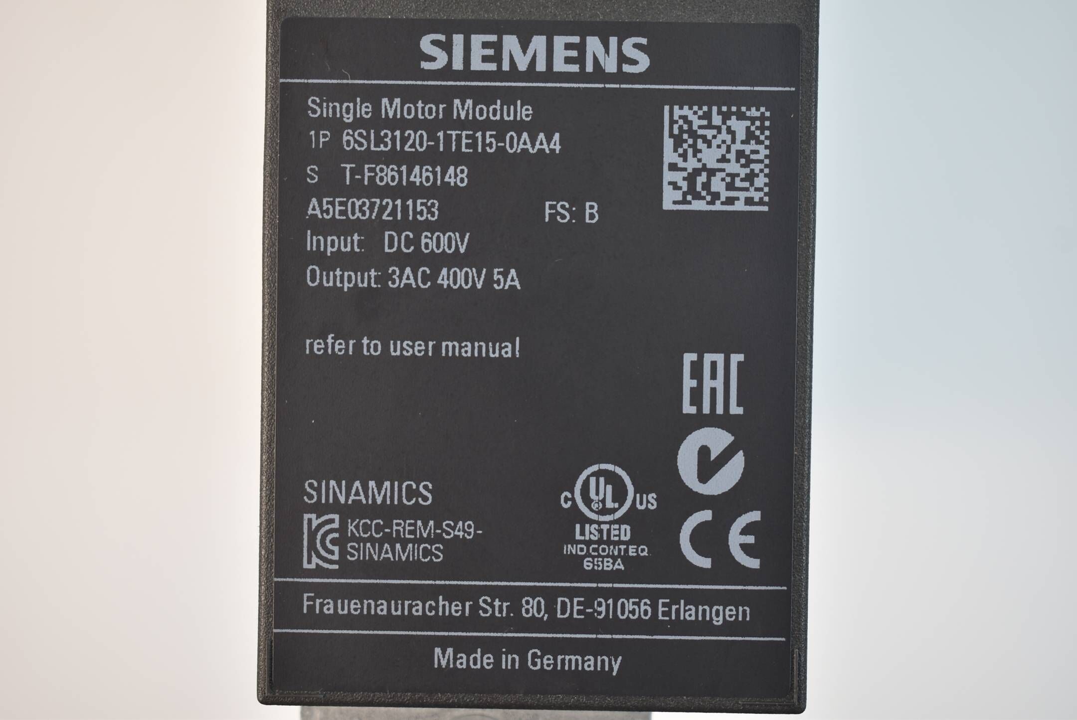 Siemens sinamics S120 single 6SL3 120-1TE15-0AA4 ( 6SL3120-1TE15-0AA4 ) E.B