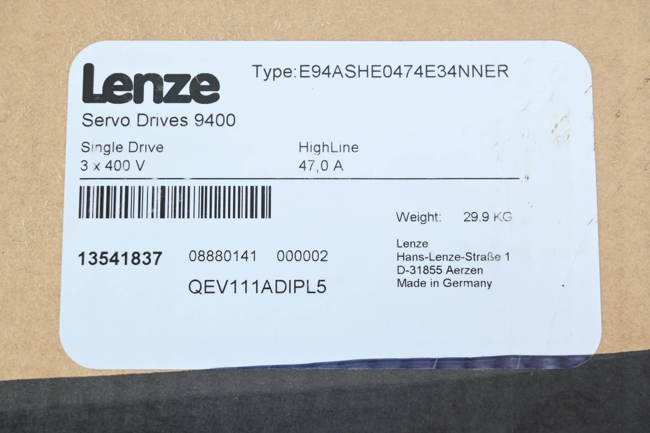 Lenze Servo Drive 9400 Single Drive E94ASHE0474E34NNER ( 13541837 )