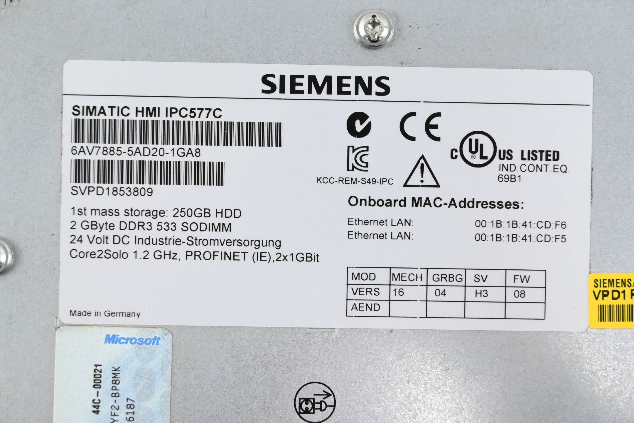 Siemens Simatic HMI IPC577C 6AV7885-5AD20-1GA8 ( 6AV7 885-5AD20-1GA8 ) FW08