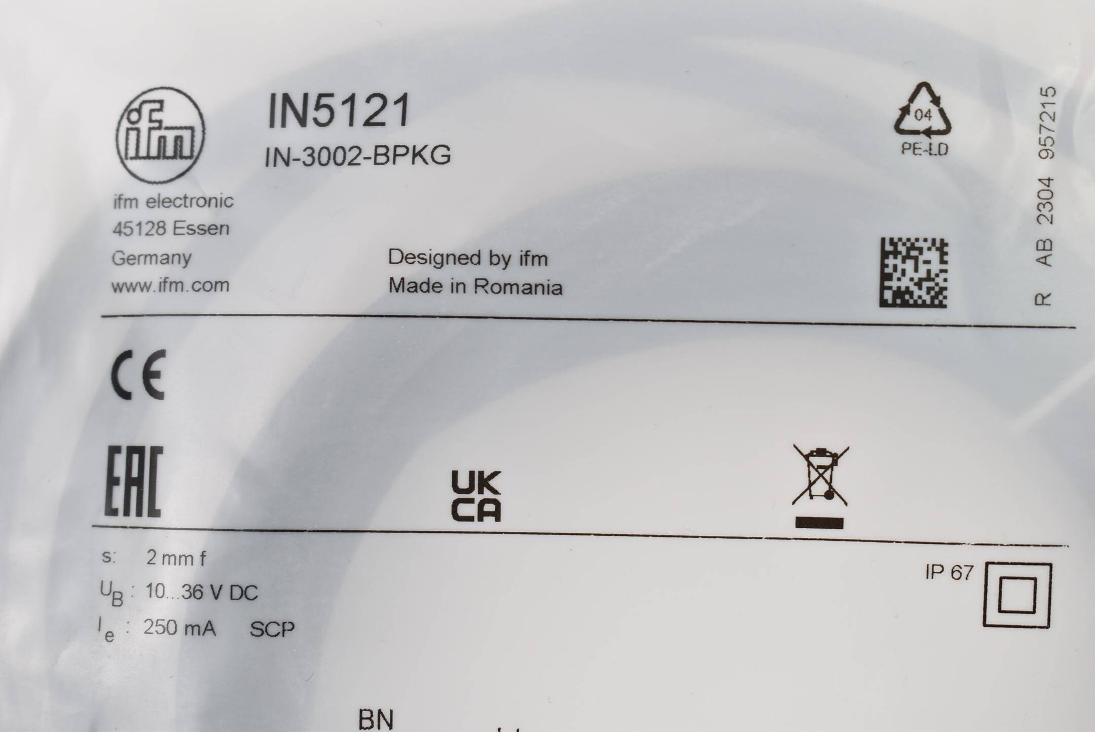 Ifm electric induktiver Sensor 2mm 10-36VDC 250mA IN5121 ( IN-3002-BPKG )