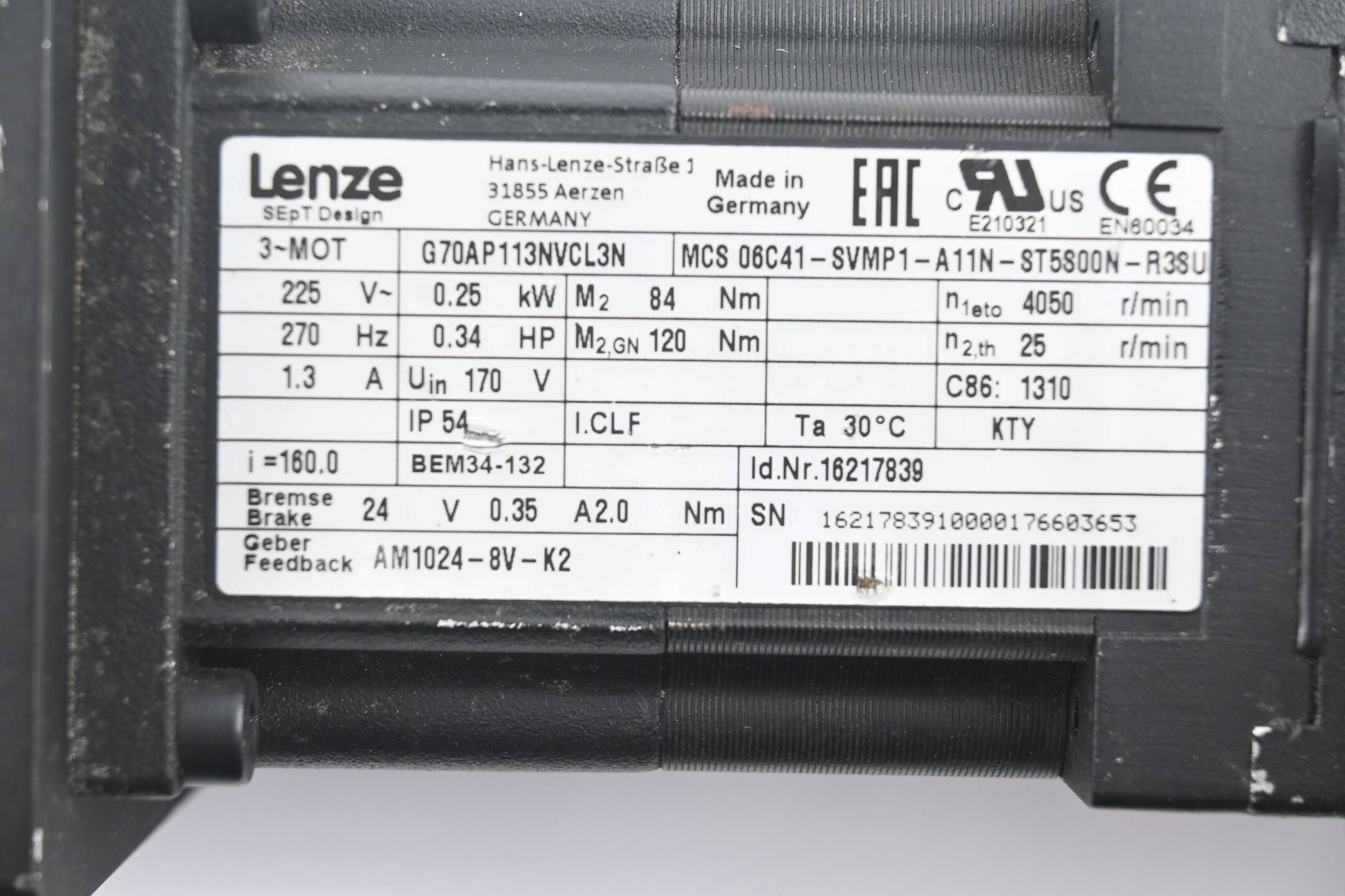 Lenze 3~ Motor MCS 06C41-SVMP1-A11N-ST5S00N-R3SU inkl. Getriebe G70AP113NVCL3N