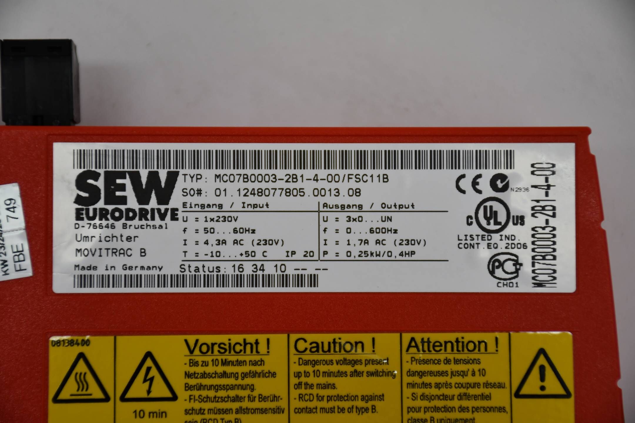 SEW EURODRIVE 0,25kW MOVITRAC B MC07B0003-2B1-4-00