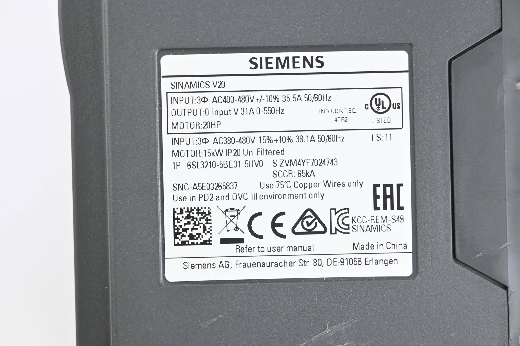 Siemens Sinamics V20 6SL3210-5BE31-5UV0 ( 6SL3 210-5BE31-5UV0 ) Ver. 11