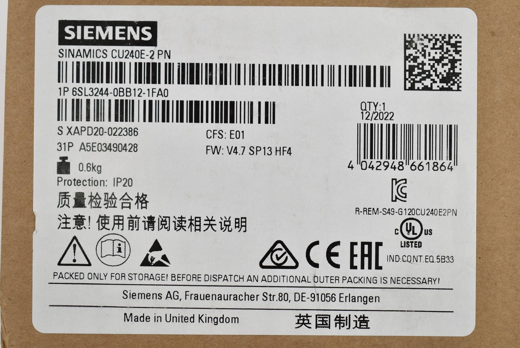 Siemens sinamics CU240E-2 PN 6SL3 244-0BB12-1FA0 ( 6SL3244-0BB12-1FA0 ) E01