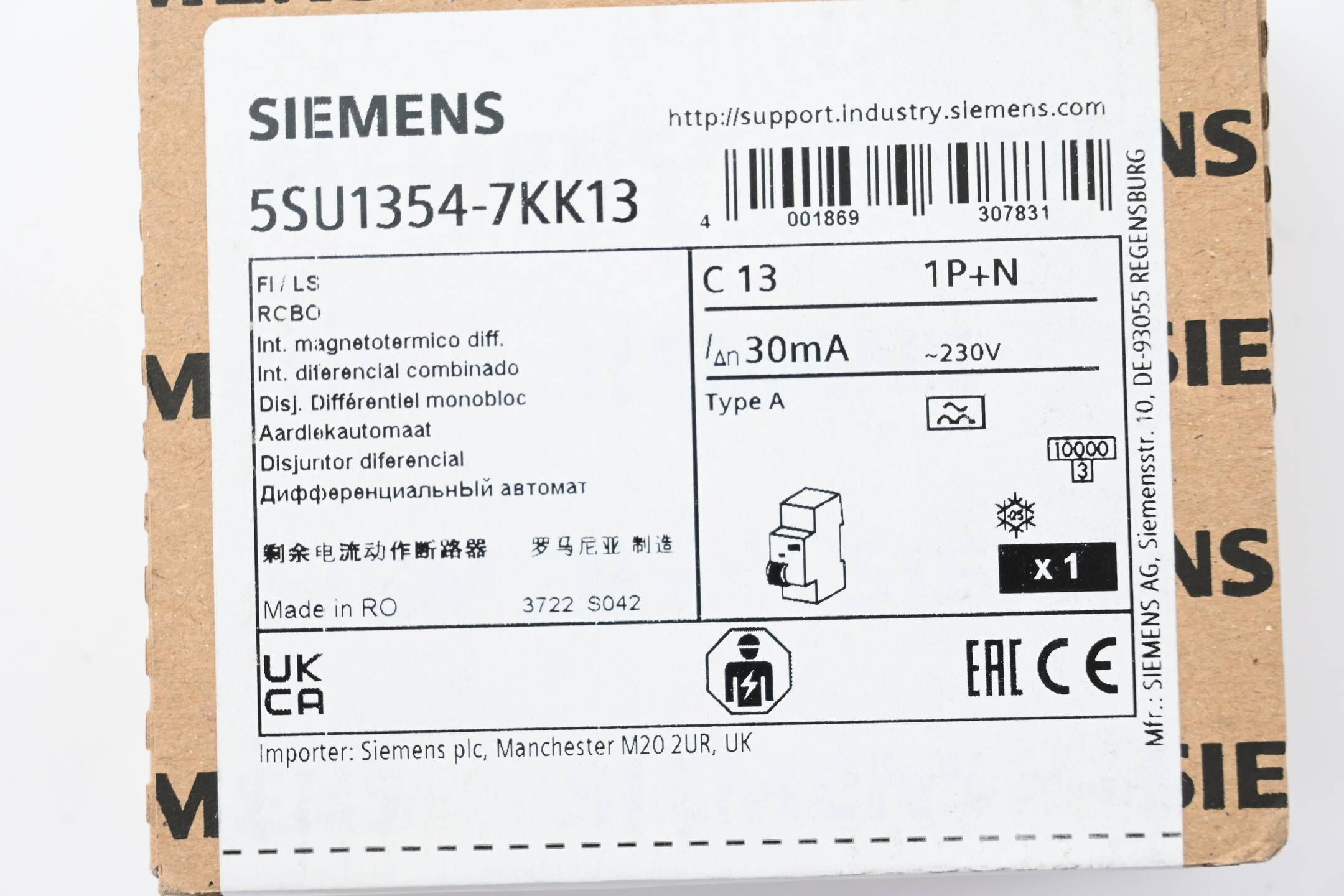 Siemens FI/LS-Schalter 10 kA Typ A 30 mA 230 V 5SU1354-7KK13 ( 5SU1 354-7KK13 )