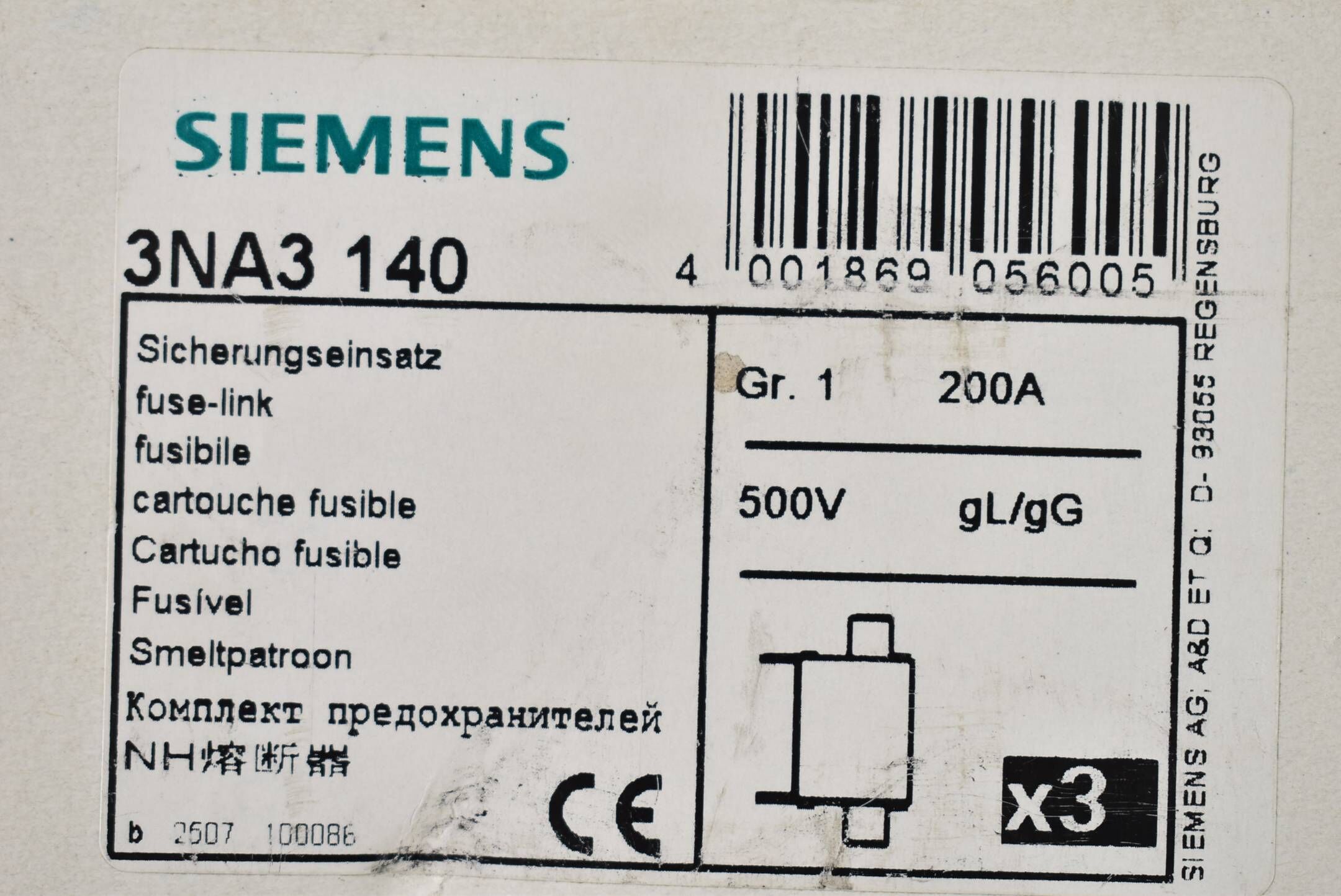 Siemens 3 Stück NH-Sicherungseinsatz 200A 500VAC 3NA3 140 ( 3NA3140 )
