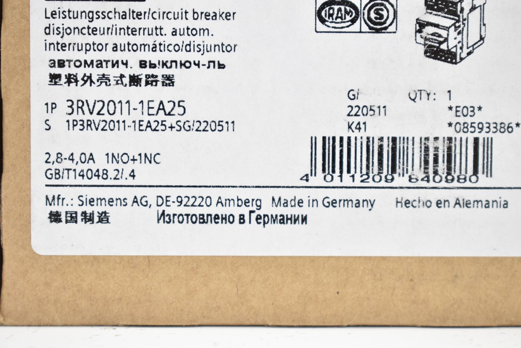 Siemens Leistungsschalter S00 für Motorschutz 3RV2011-1EA25 ( 3RV2 011-1EA25 )