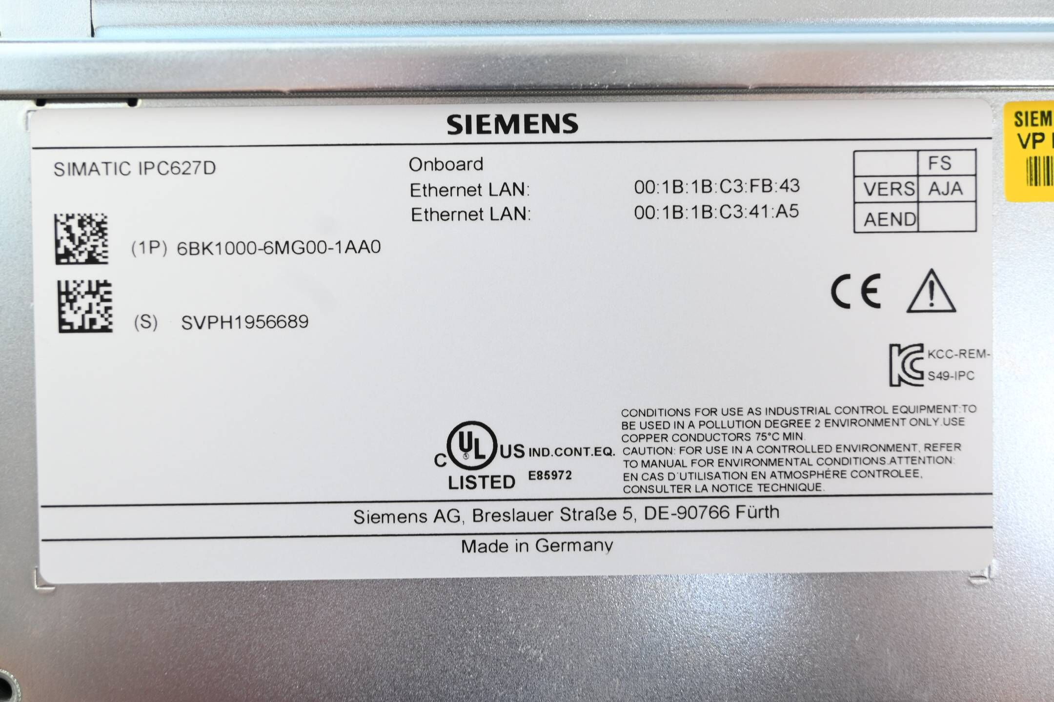 Siemens Simatic IPC627D 6BK1000-6MG00-1AA0 ( 6BK1 000-6MG00-1AA0 ) Ver. AJA