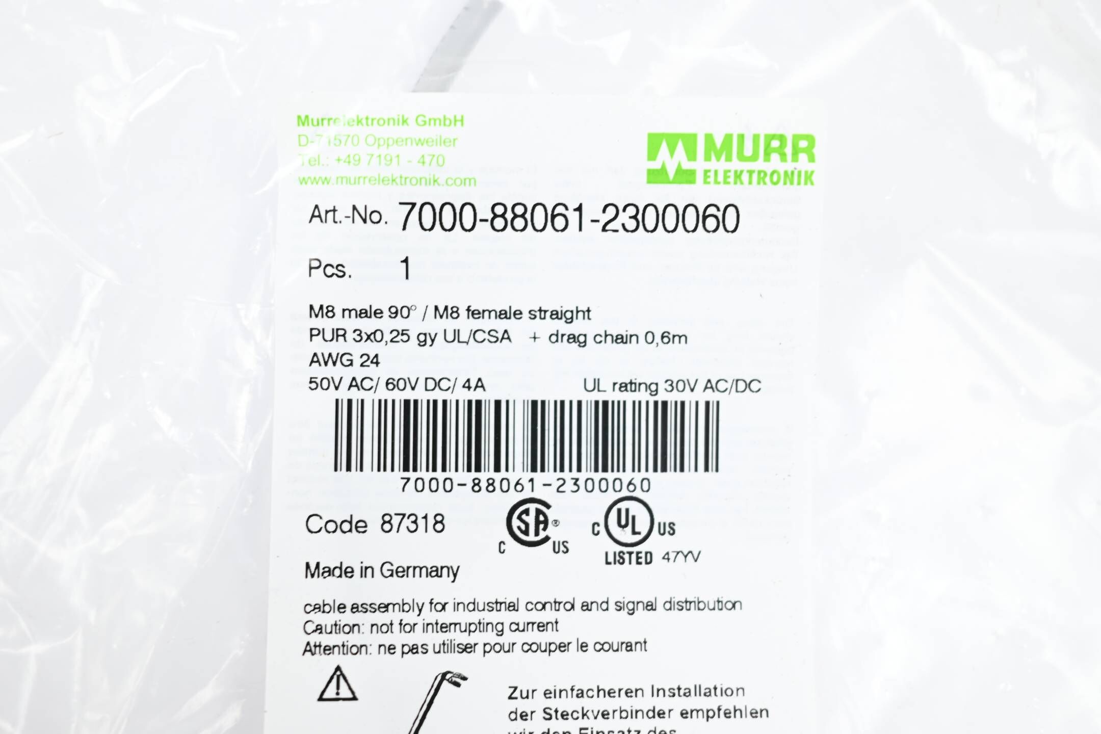 Murr M8 St. 90° PUR 3x0.25 gr UL/CSA+schleppk. 0,6m 7000-88061-2300060