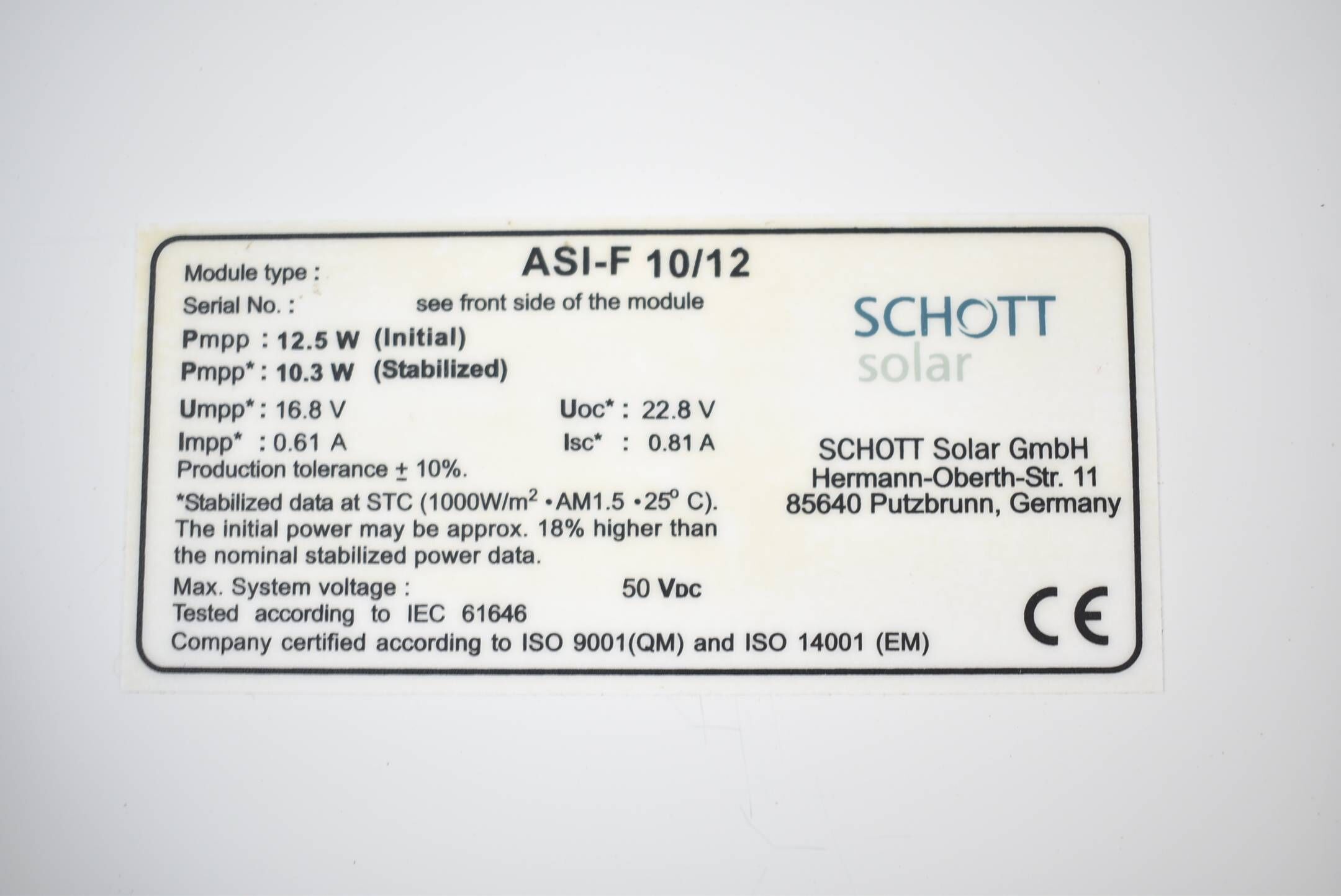 Schott Solar Solarmodul 12,5W 16,8V 0,61A 581x330mm ASI-F 10/12 
