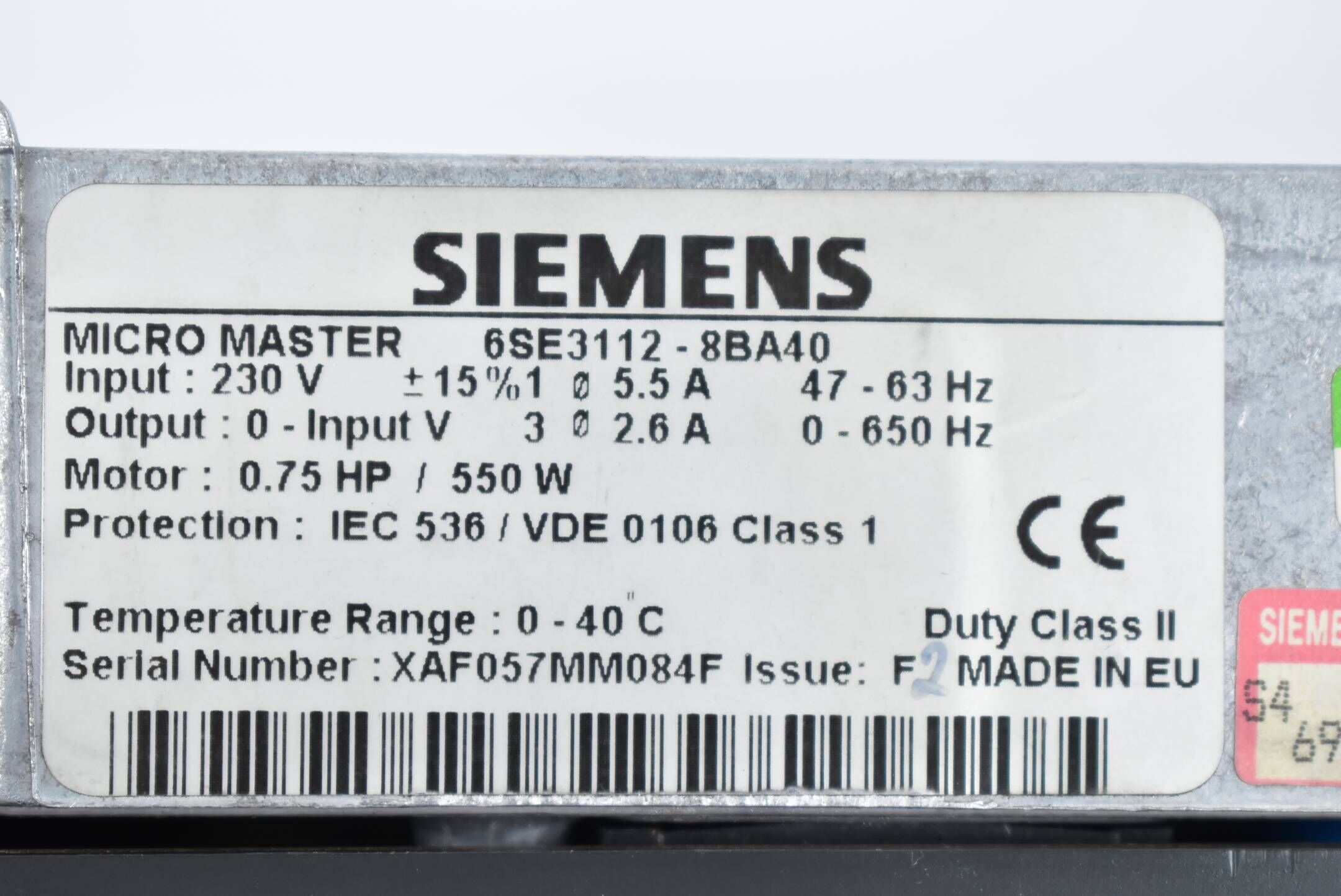 Siemens Simovert P Micromaster 6SE3112-8BA40 ( 6SE3 112-8BA40 ) 0,75HP 550W