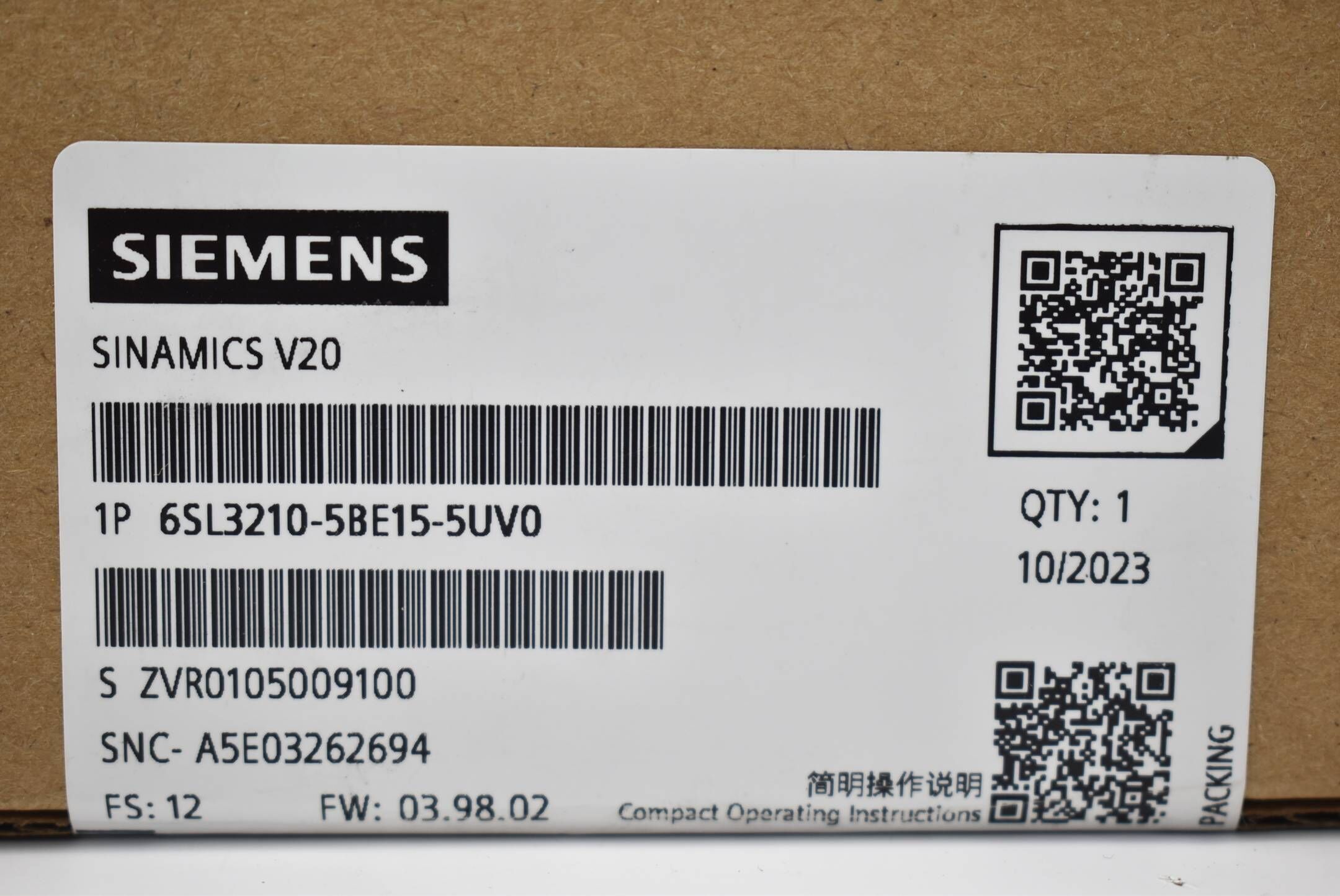 Siemens sinamics V20 6SL3 210-5BE15-5UV0 ( 6SL3210-5BE15-5UV0 )