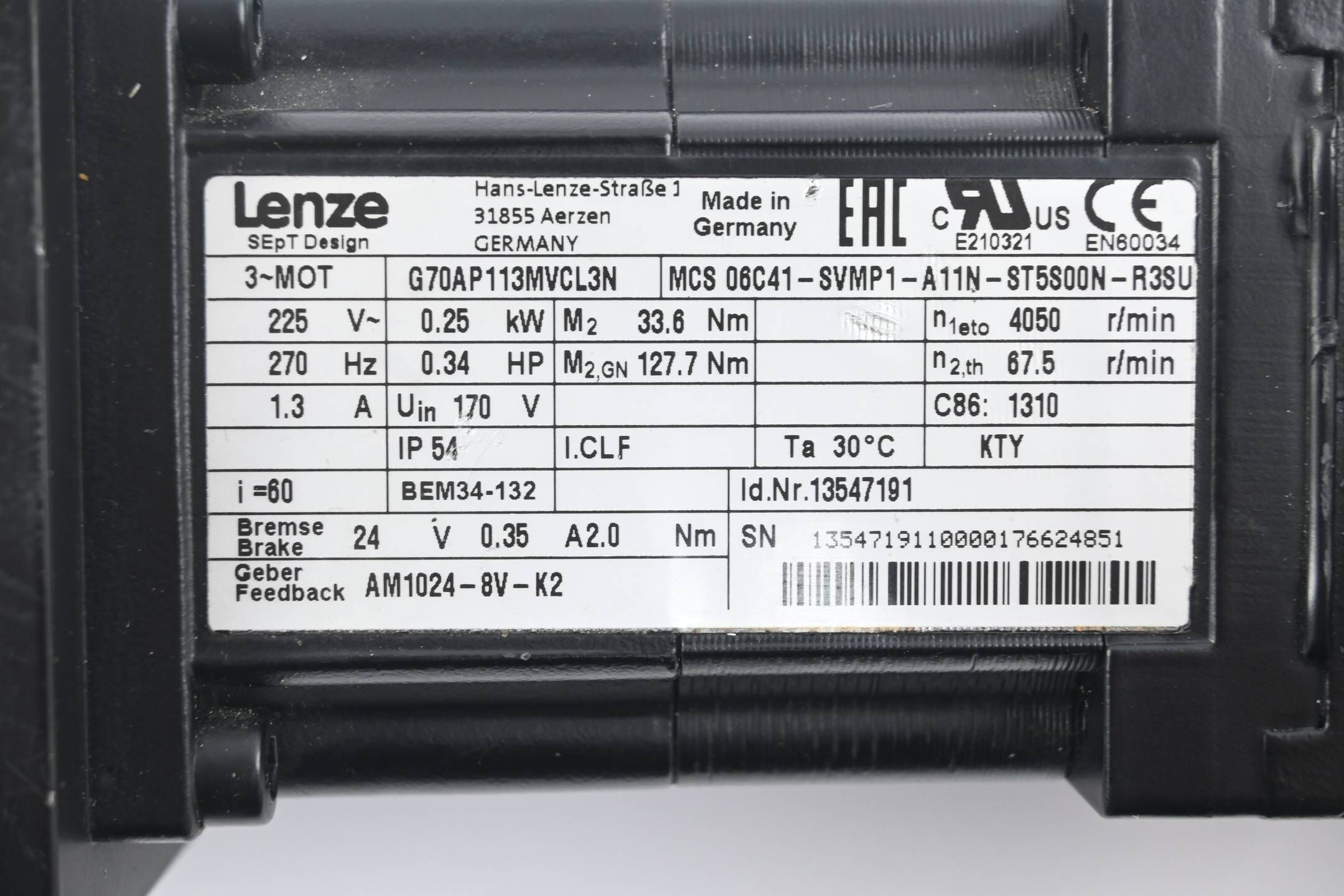 Lenze 3~ Motor MCS 06C41-SVMP1-A11N-ST5S00N-R3SU inkl. Getriebe G70AP113MVCL3N