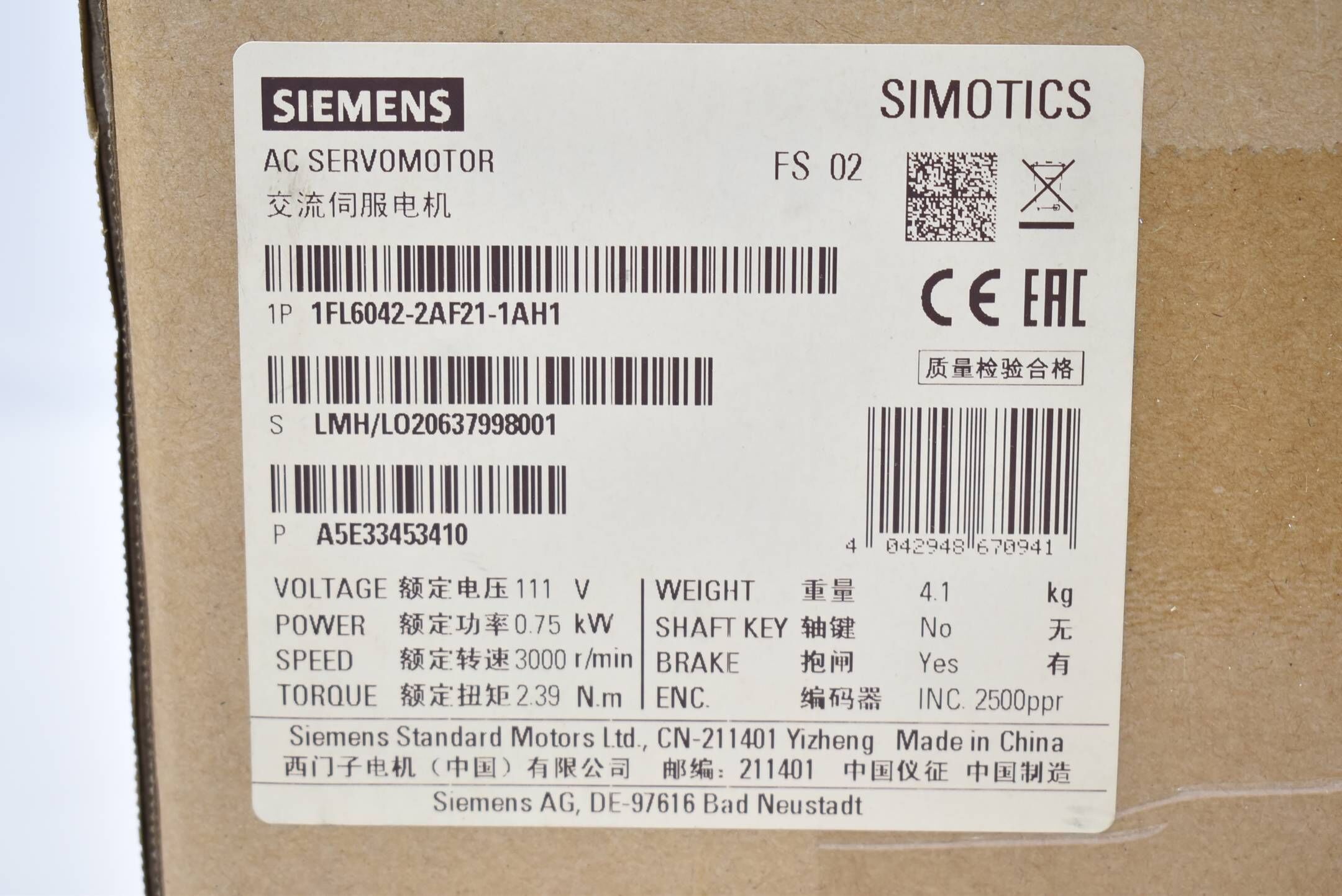Siemens Simotics Servomotor 1FL6042-2AF21-1AH1 ( 1FL6 042-2AF21-1AH1 ) 0,75kW