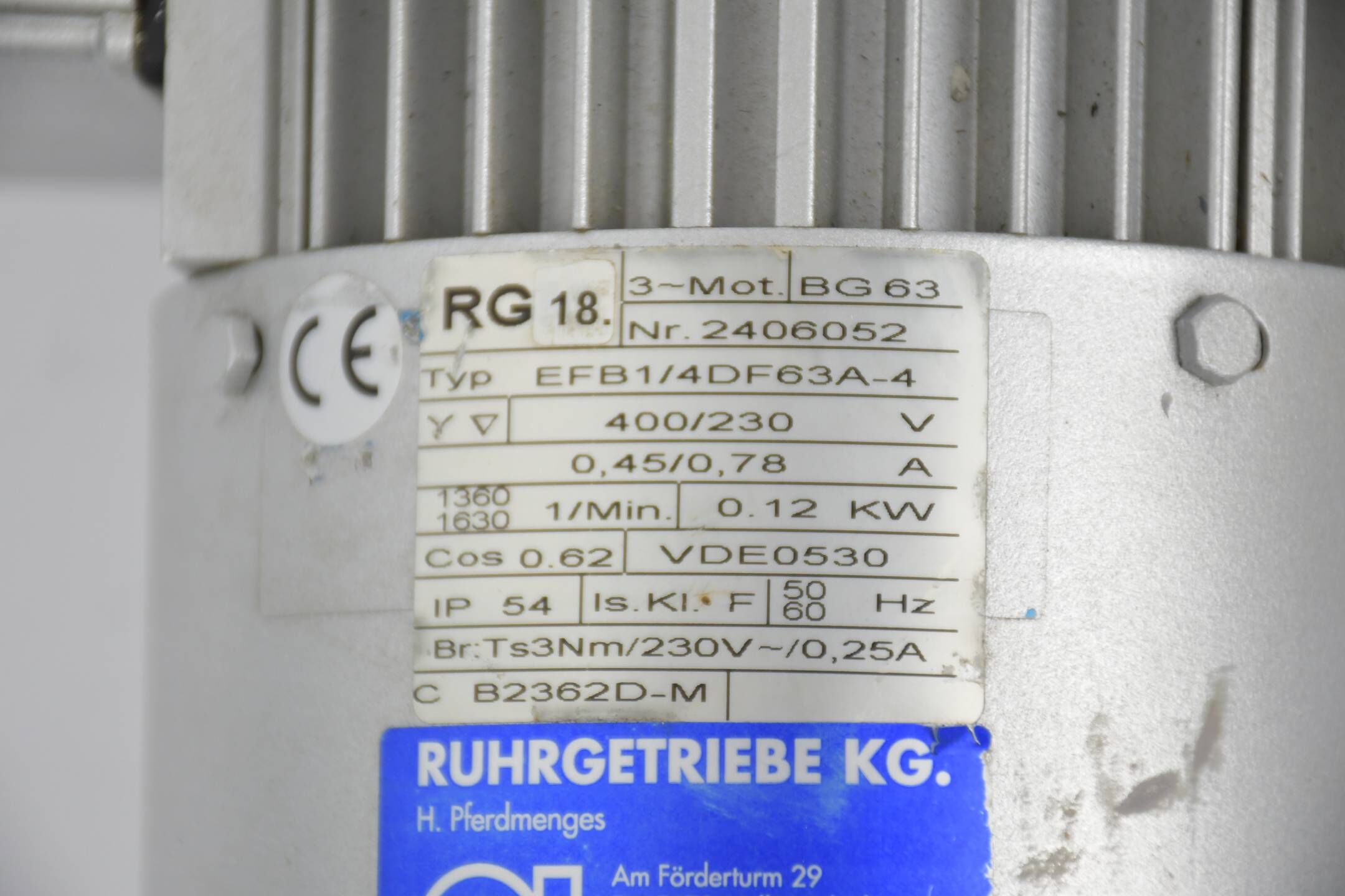 Ruhrgetriebe 3-Phasen Motor EFB1/4DF63A-4 Inkl Heinz Getriebe HTT45-8-240-MS-RH