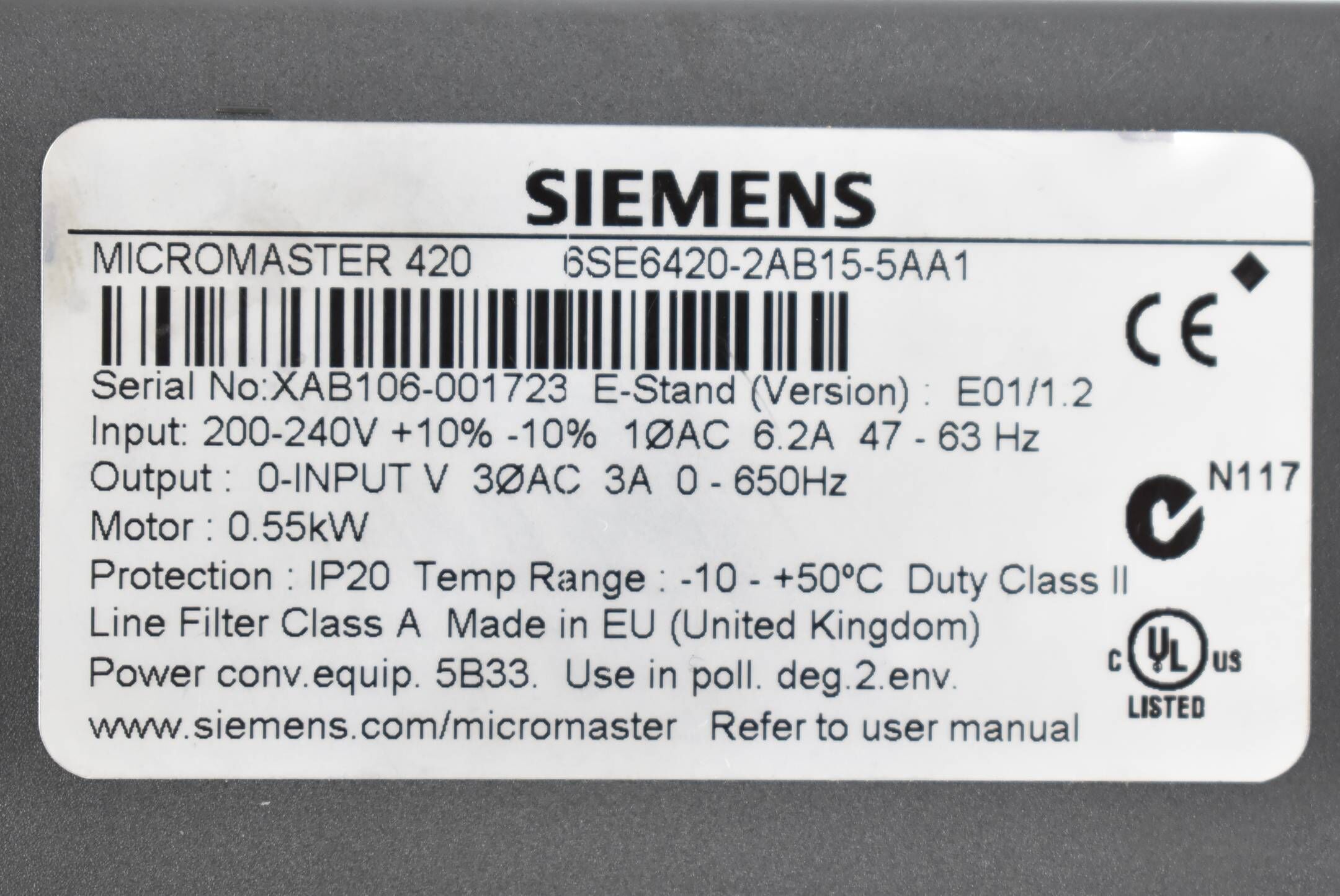 Siemens Micromaster 6SE6420-2AB15-5AA1 ( 6SE6 420-2AB15-5AA1 )
