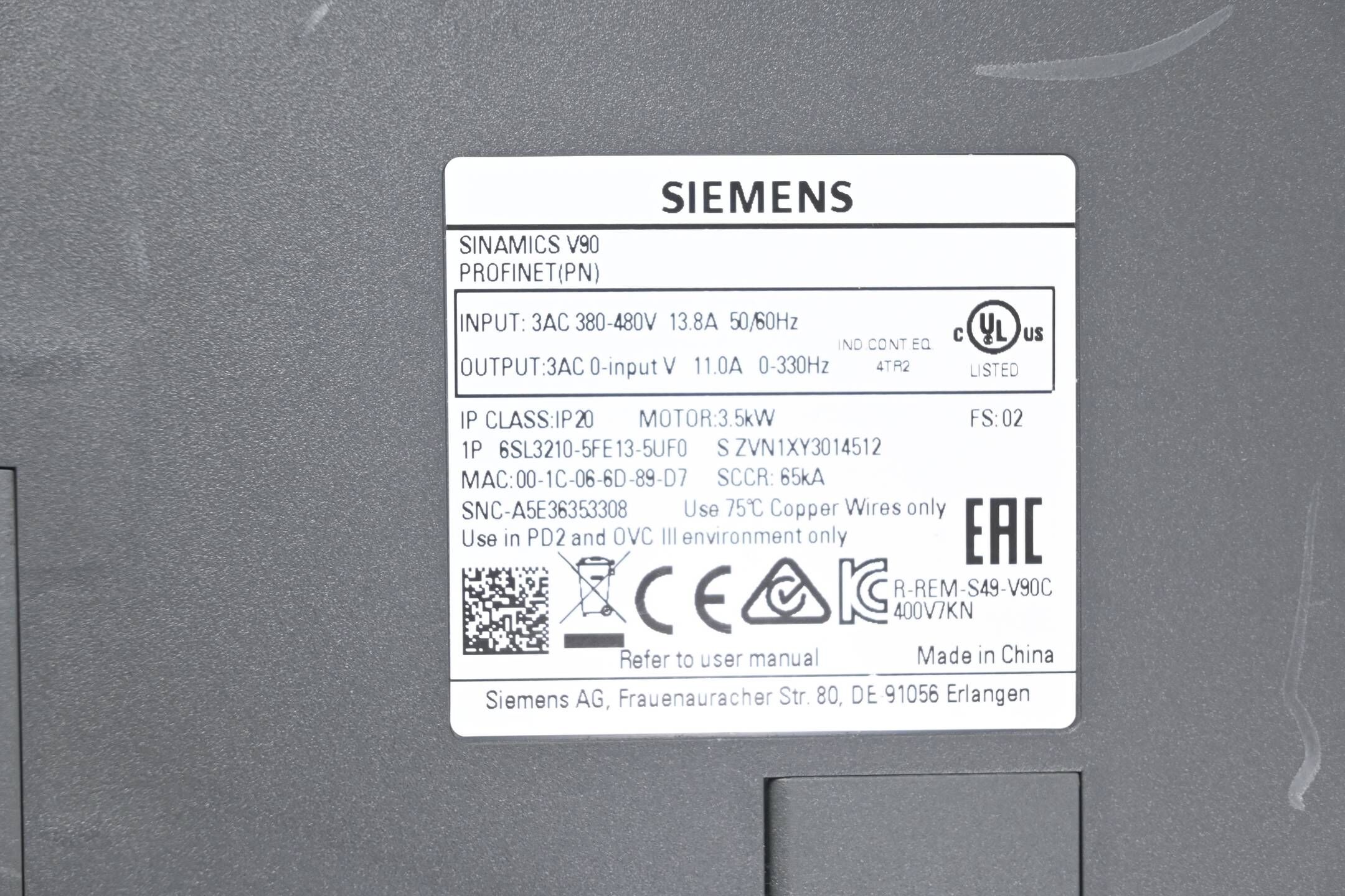 Siemens Sinamics V90 Profinet 6SL3210-5FE13-5UF0 ( 6SL3 210-5FE13-5UF0 ) Ver.02
