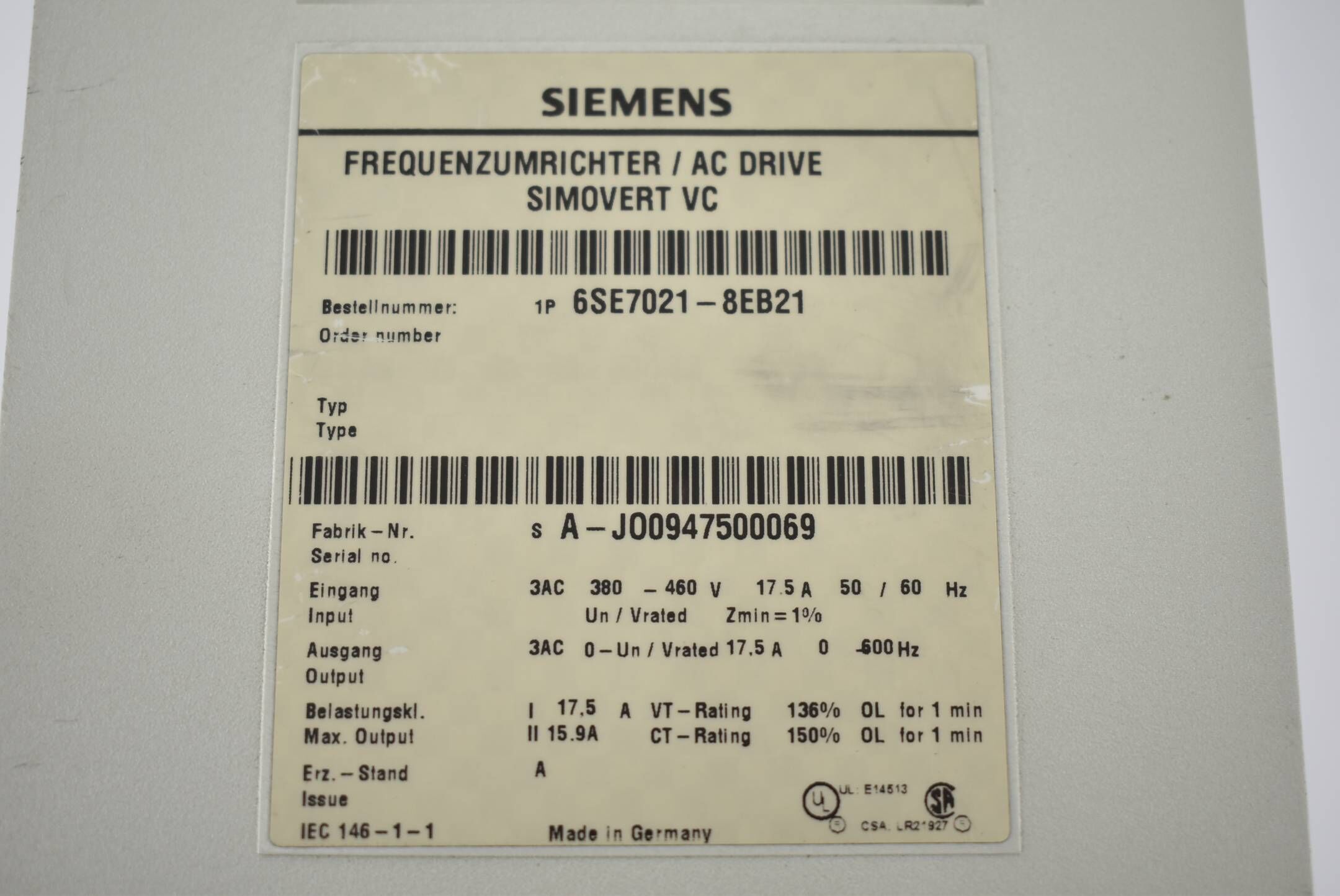 Siemens simovert VC Frequenzumrichter 6SE7021-8EB21 Ver. A