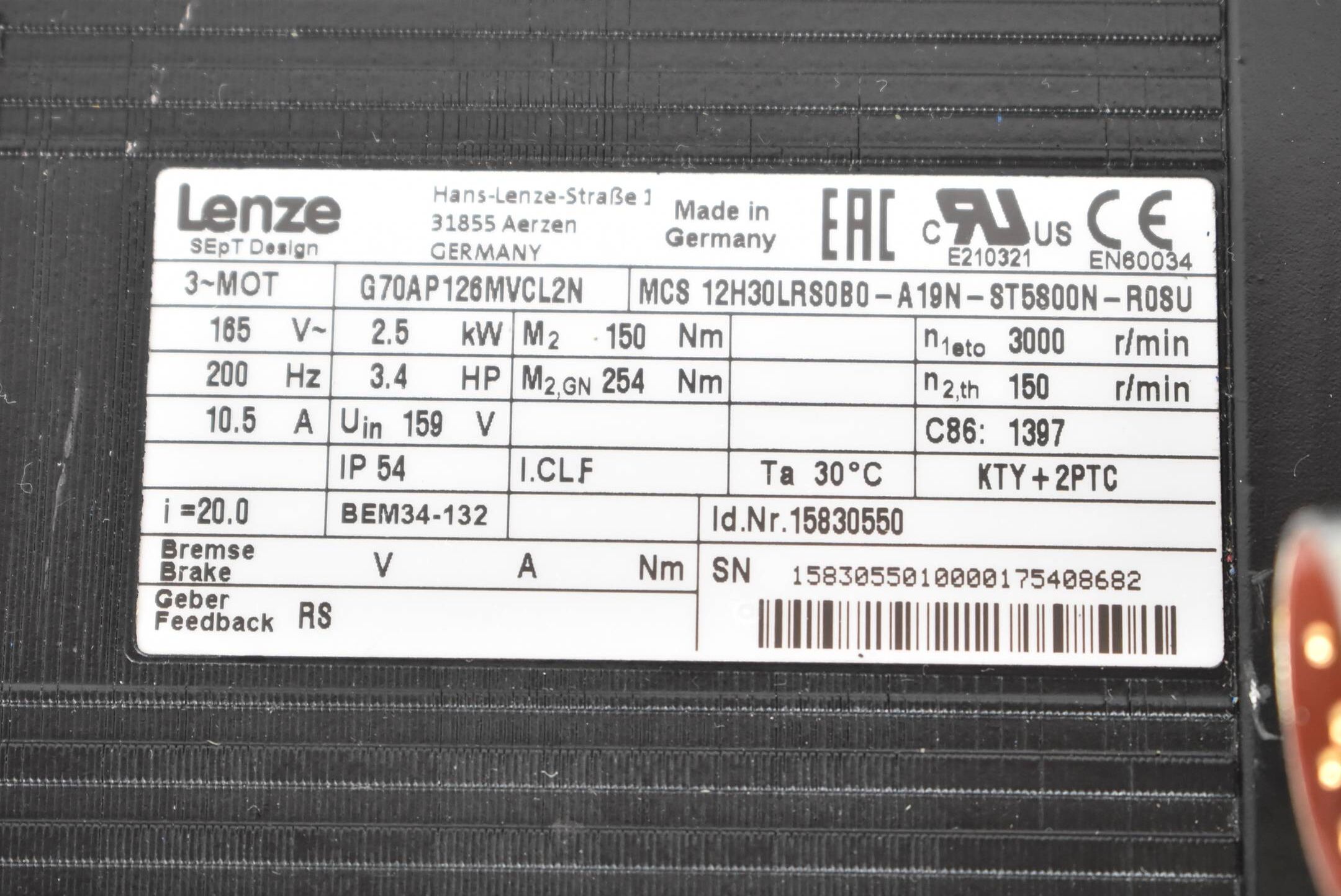 Lenze Servomotor 2,5Kw 3000rpm G70AP126MVCL2N MCS 12H30LRS0B0-A19N-ST5800N-R08U