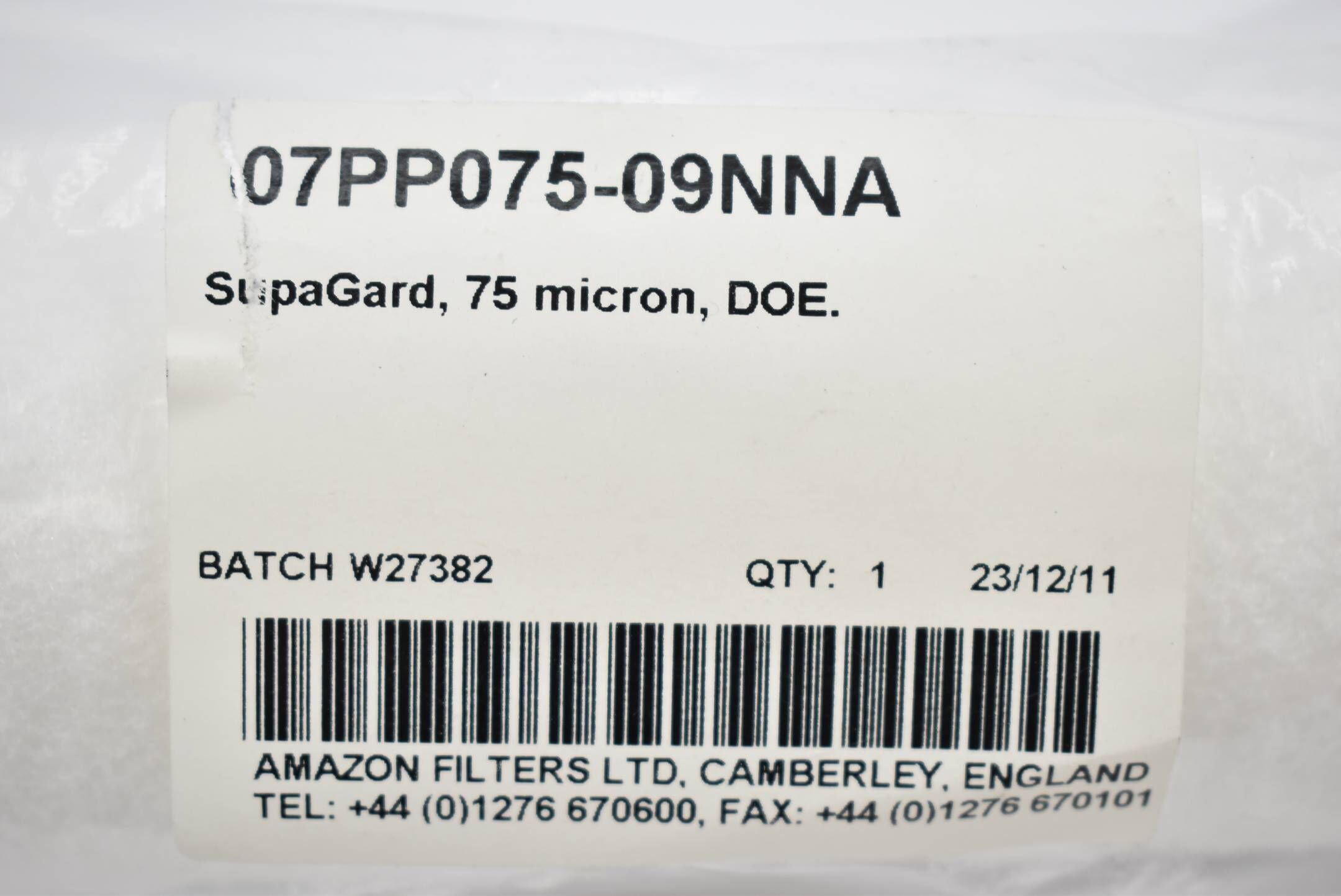 Amazon Filters LTD. SupaGard 75 micron DOE 07PP075-09NNA ( Batch W27382 )
