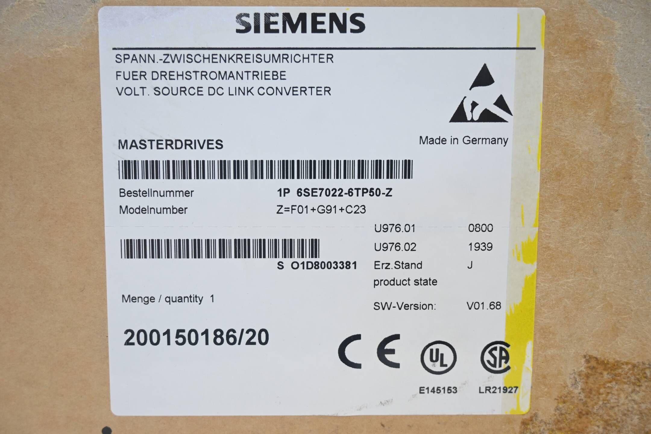 Siemens Masterdrives 6SE7 022-6TP50-Z ( 6SE7022-6TP50-Z ) Z=F01+G91+C23 ( E.J )