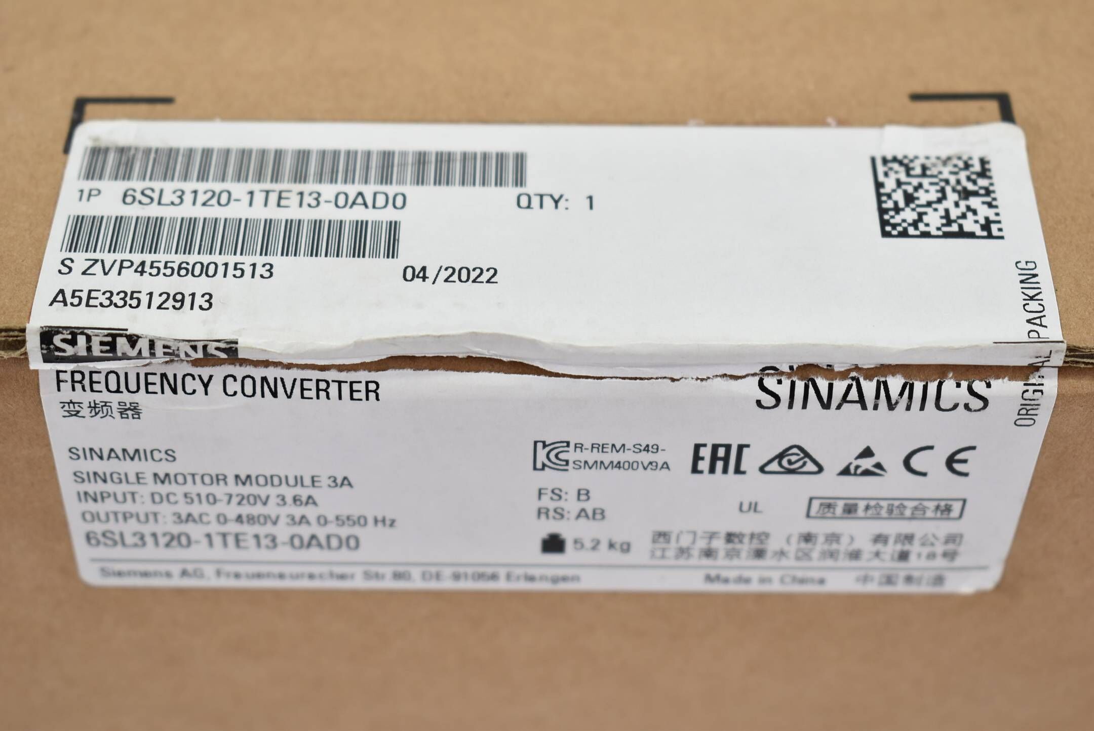 Siemens sinamics S120 DC600V 6SL3 120-1TE13-0AD0 ( 6SL3120-1TE13-0AD0 ) E.B