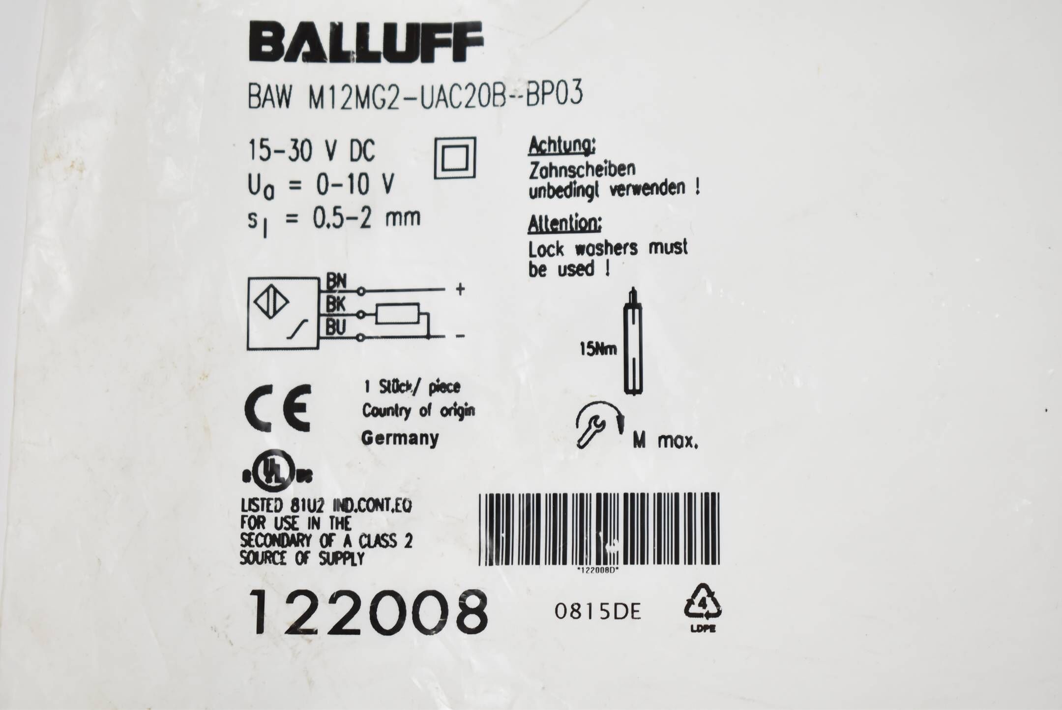 Balluff induktiver Abstandssensor 15-30VDC 0-10V 0,5-2mm BAW M12MF2-UAC40F-BP03
