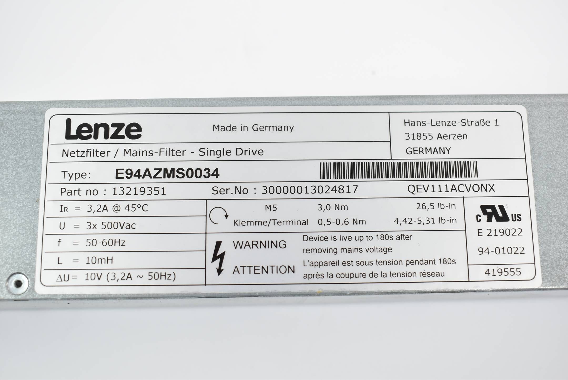 Lenze Netzfilter E94AZMS0034 Mains Filter Single Drive ( 13219351 )