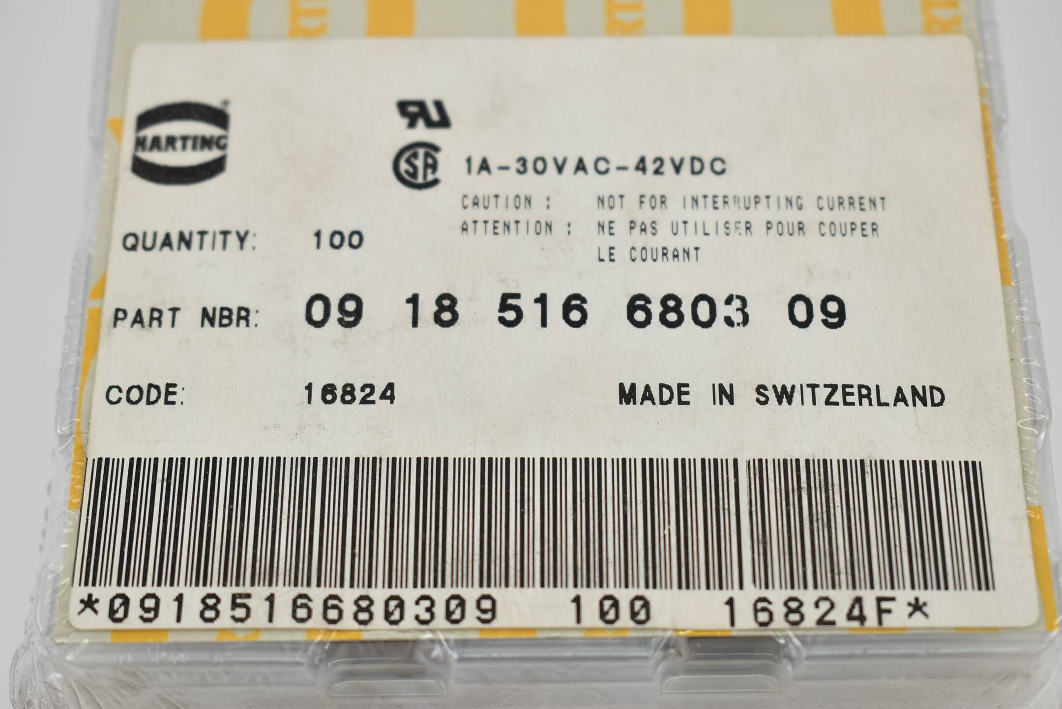 Harting Steckverbinder 100Stück 1A 30VAC 42VDC 0918516680309