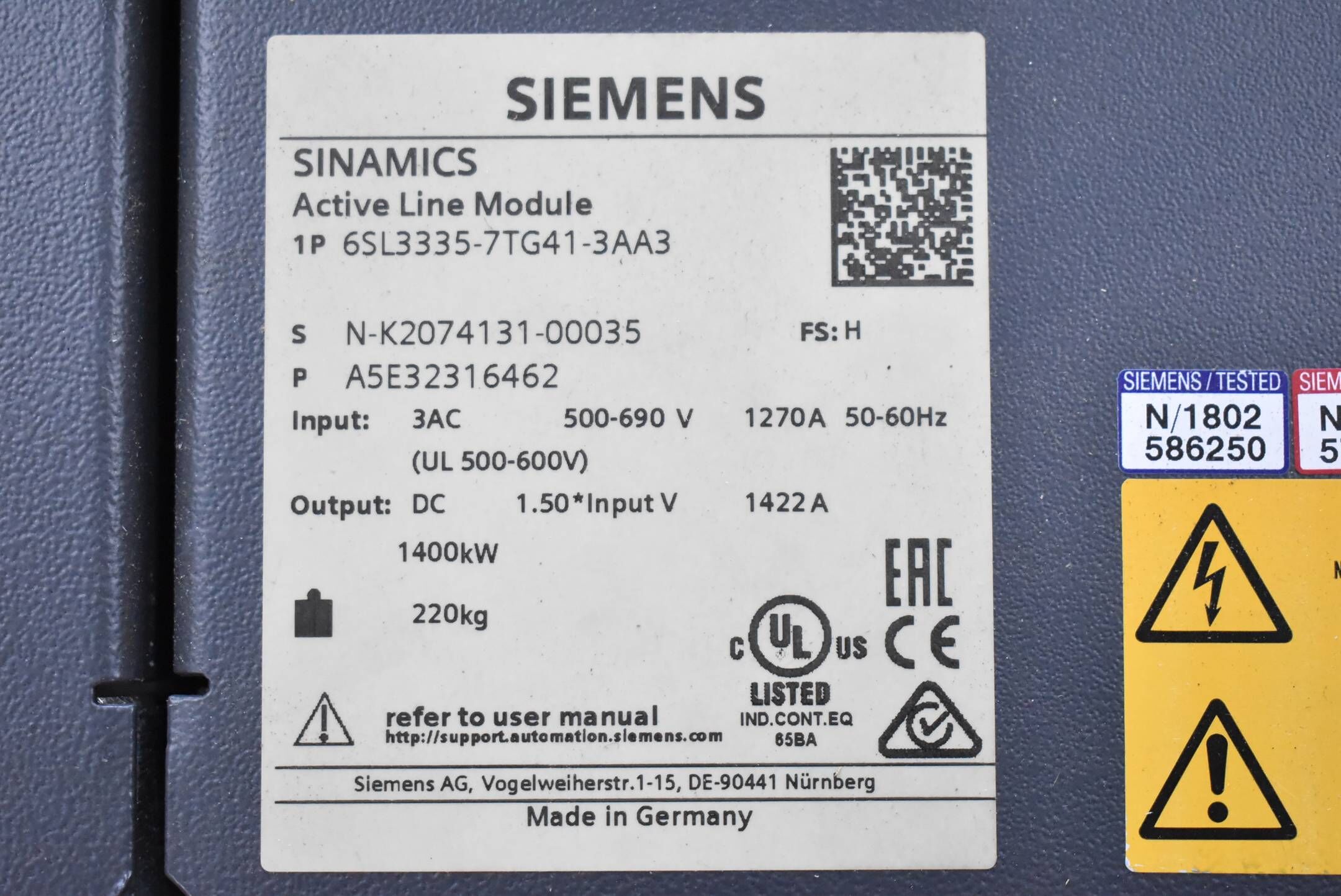 Siemens 500-690V 1270A 1400kW 6SL3335-7TG41-3AA3 ( 6SL33 35-7TG41-3AA3 ) E.H