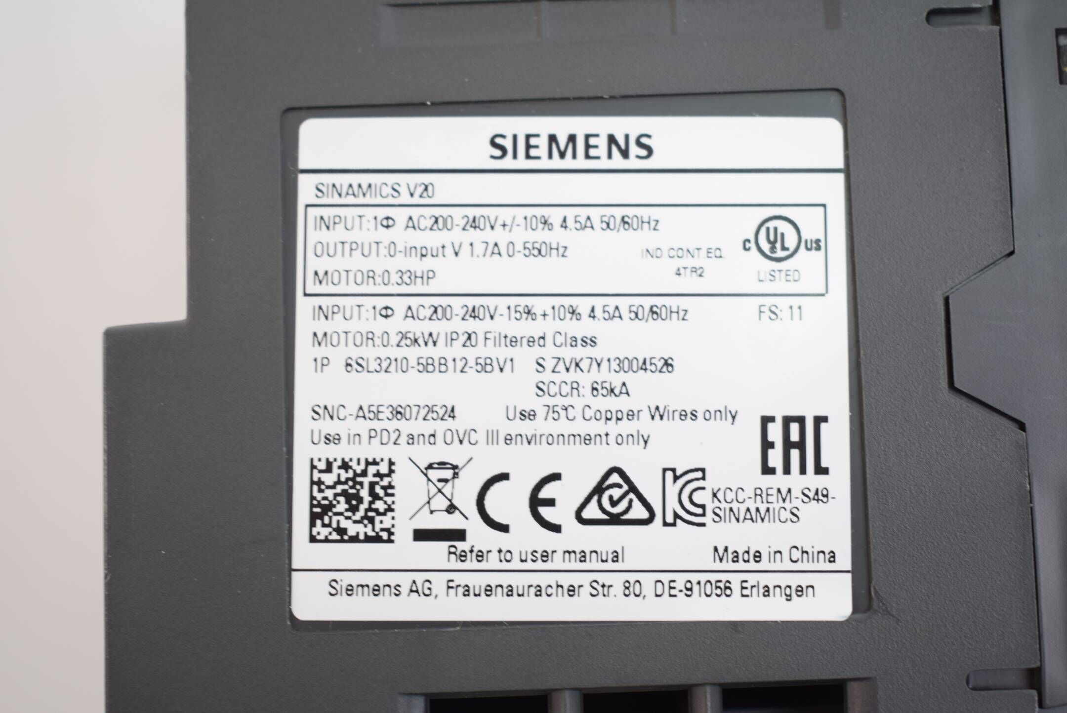 Siemens sinamics V20 6SL3210-5BB12-5BV1 ( 6SL3 210-5BB12-5BV1 )