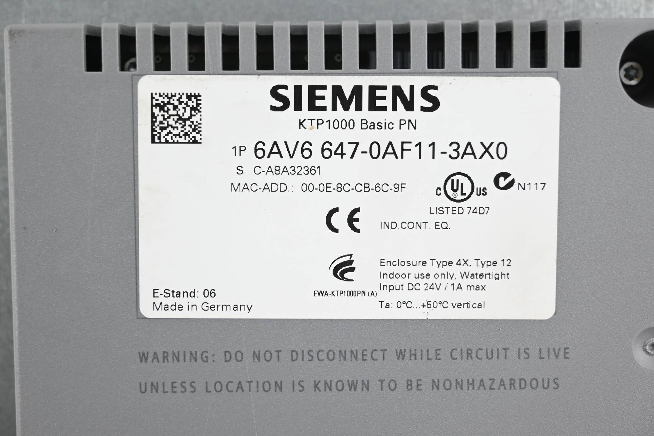 Siemens Simatic HMI KTP1000 Panel 6AV6647-0AF11-3AX0 ( 6AV6 647-0AF11-3AX0 ) E6