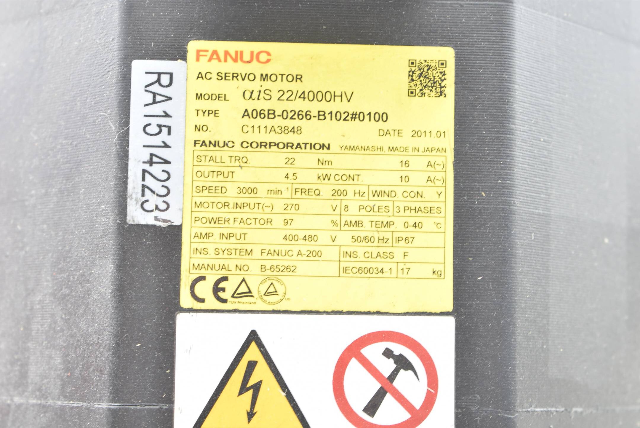 Fanuc Motor αis 22/4000HV 2,8kW 155V 12A  A06B-0266-B102#0100 ( ais 22/4000HV )