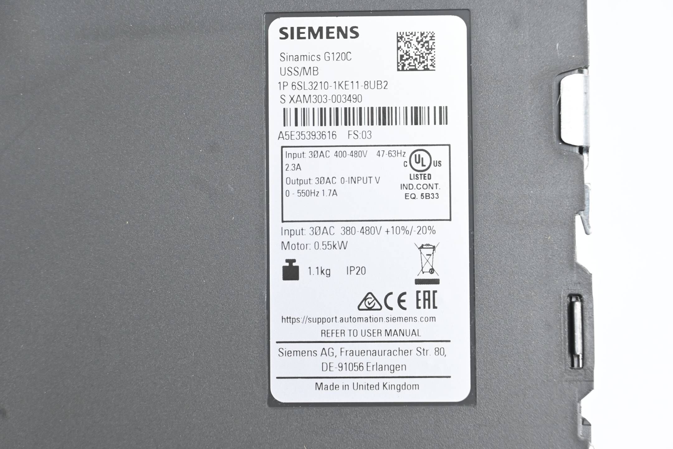 Siemens Sinamics G120C USS/MB 6SL3210-1KE11-8UB2 ( 6SL3 210-1KE11-8UB2 ) E. 03