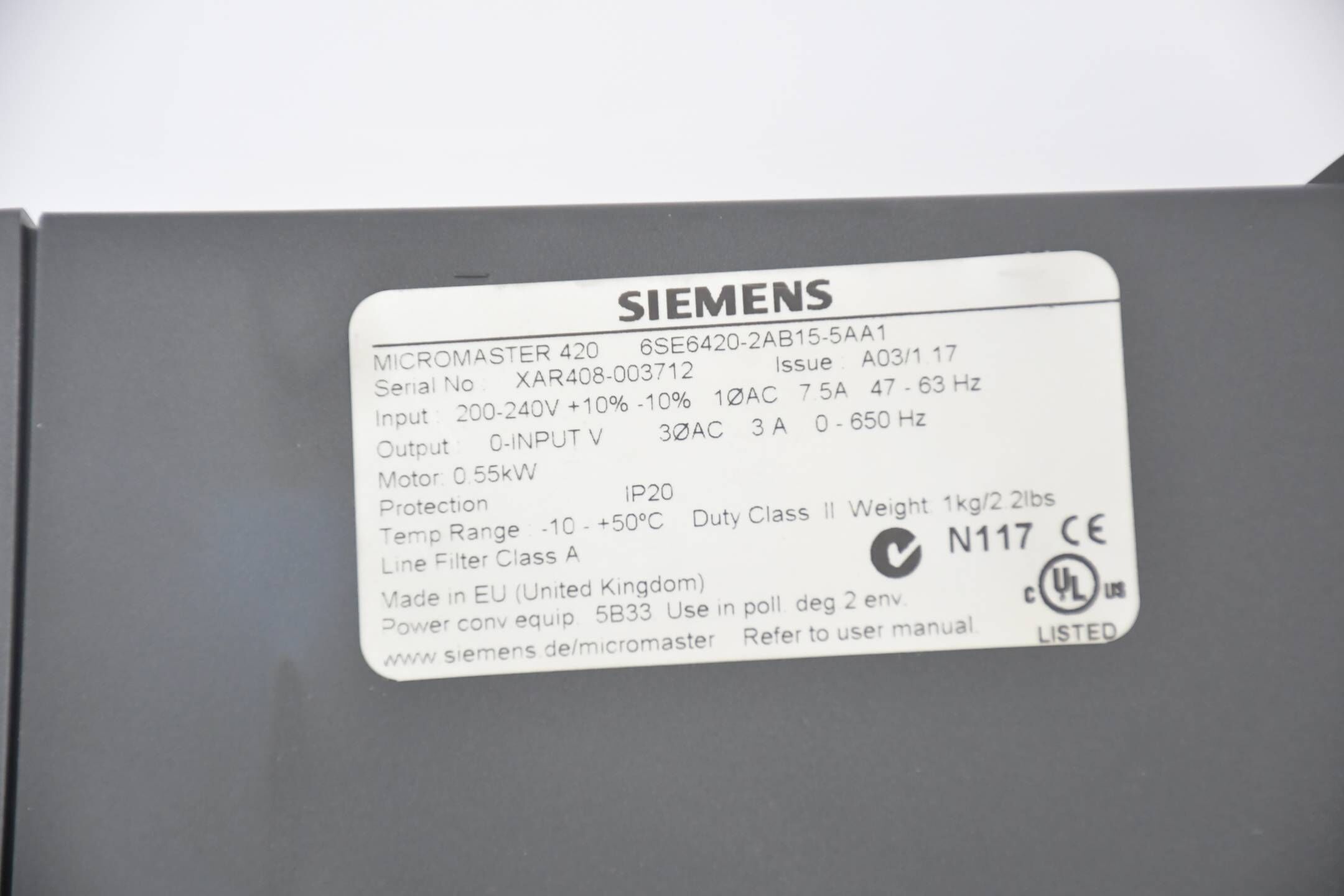 Siemens Micromaster 420 6SE6420-2AB15-5AA1 ( 6SE6 420-2AB15-5AA1 ) 