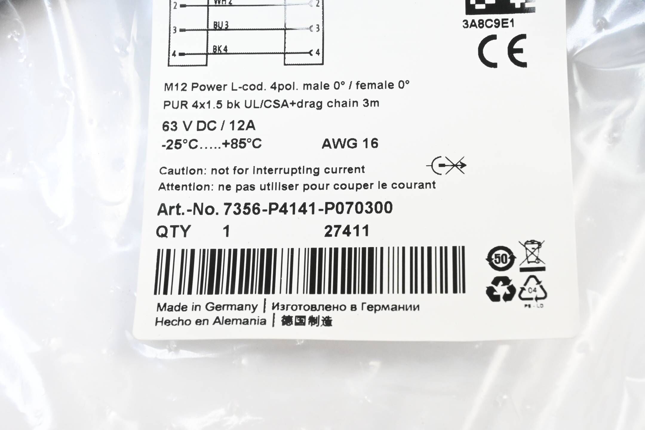 Murr Elektronik M12 Power L-kod. 4pol. St. 0° / Bu. 0° 3m ( 7356-P4141-P070300 )