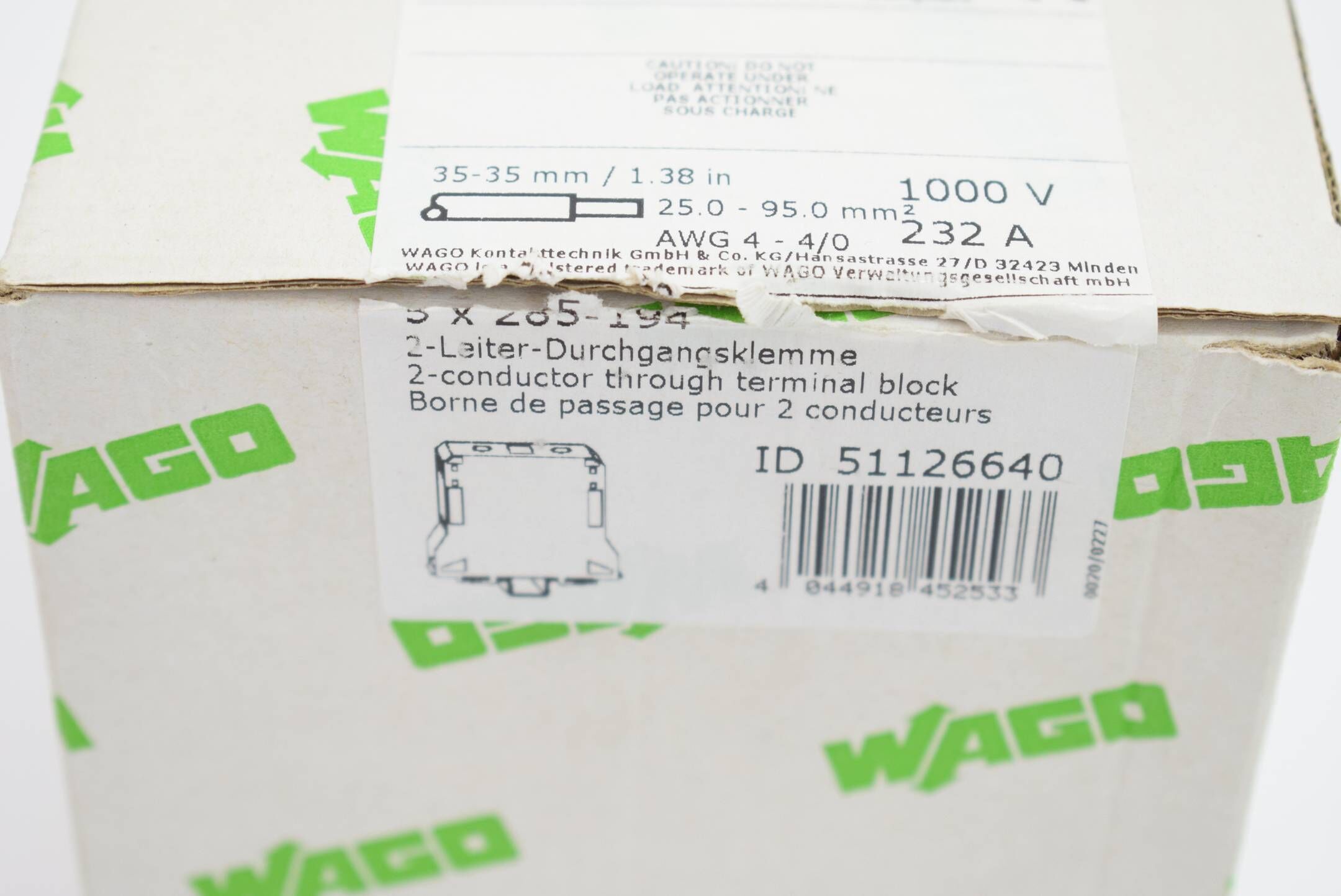 4x Wago 2-Leiter-Durchgangsklemme 285-194 ( 285194 )