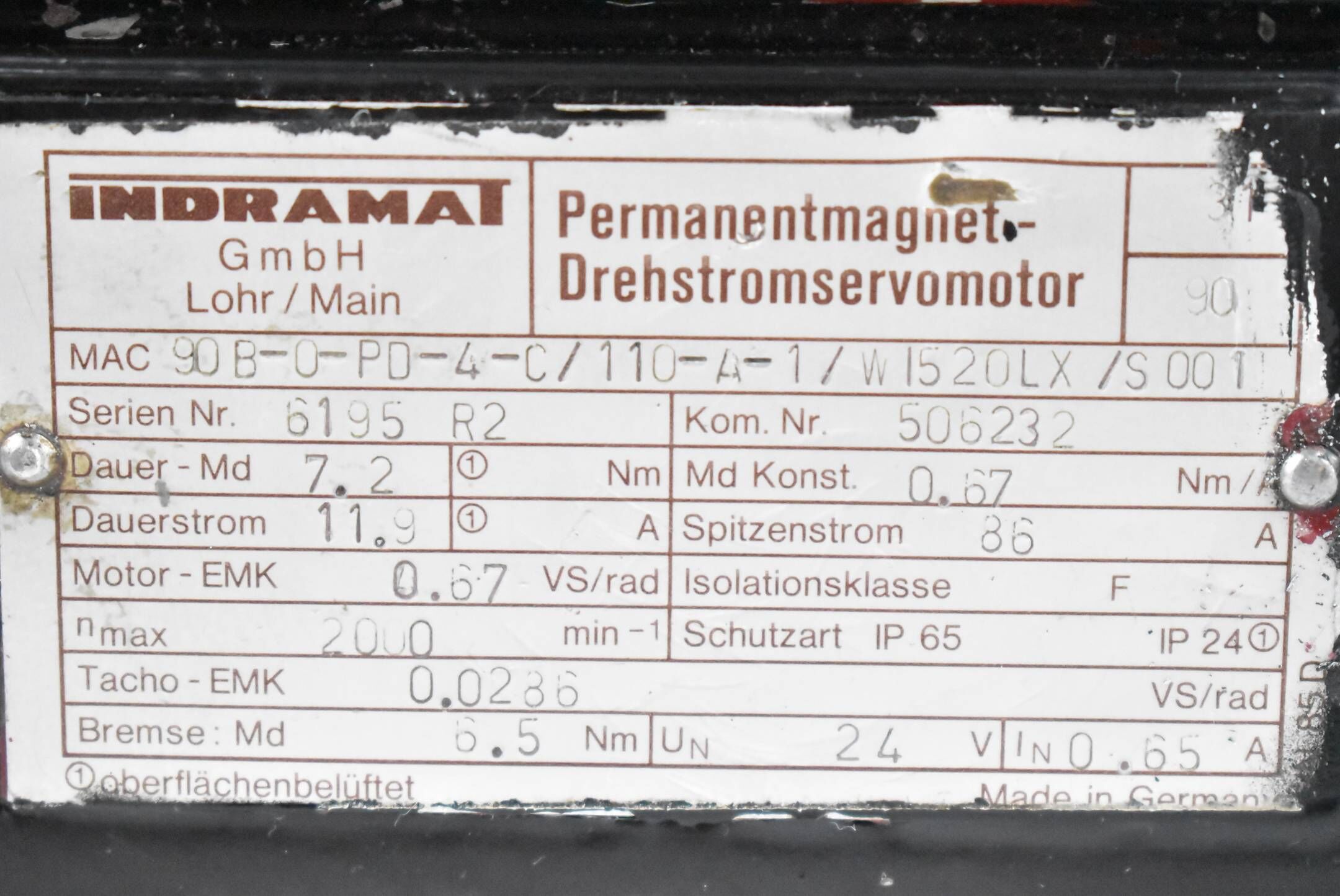 Indramat Motor 7,2Nm 11,9A 2000rpm MAC090B-0-PD-4-C/110-A-1/WI520LX/S001