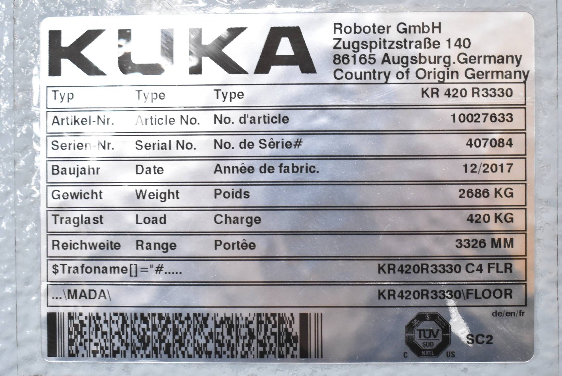 Kuka Roboter KR 420 R3330 + Schaltschrank KR C4 + Bedienpanel 00-168-334