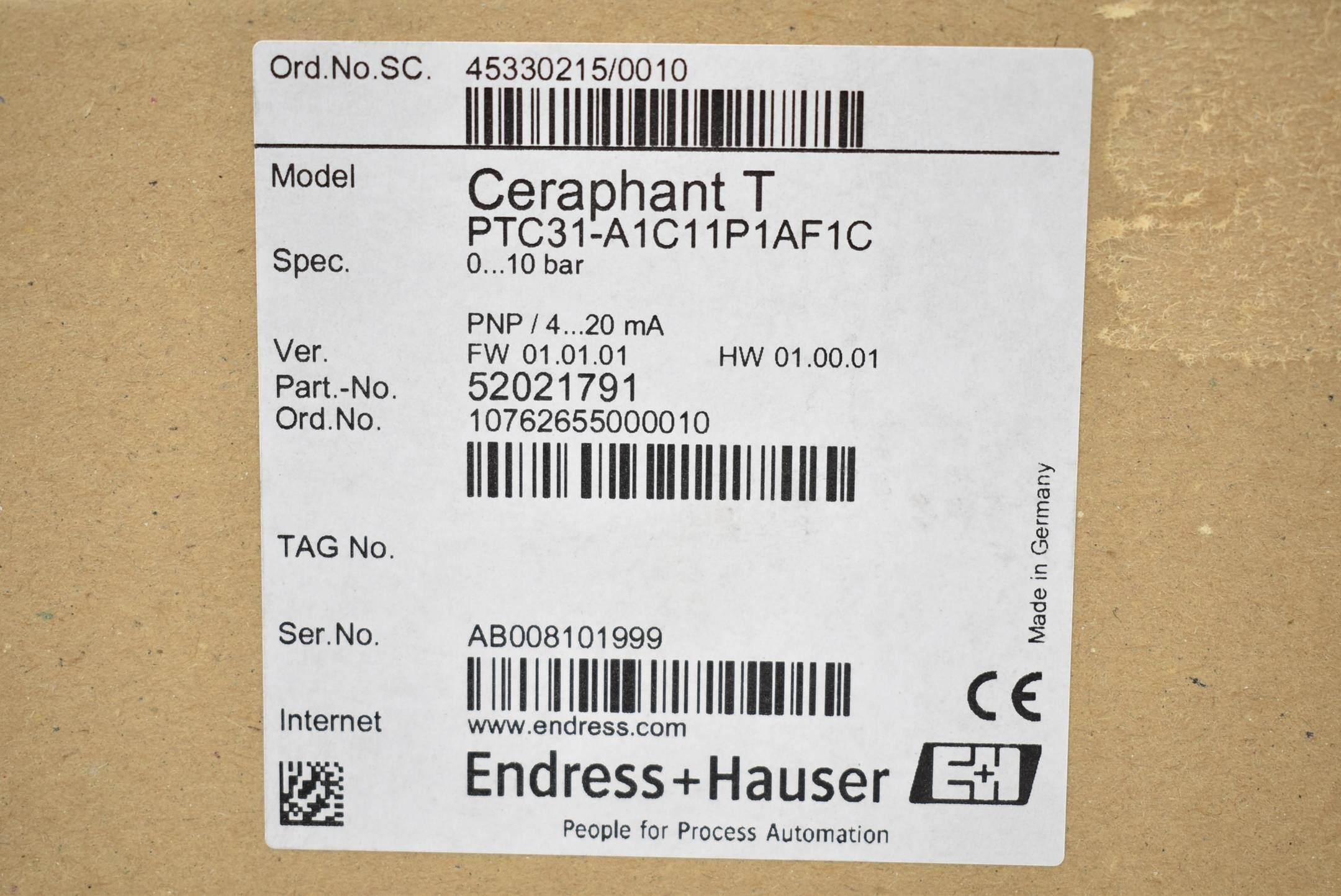 Endress+Hauser Ceraphant T Druckschalter PTC31-A1C11P1AF1C ( 52021791 )