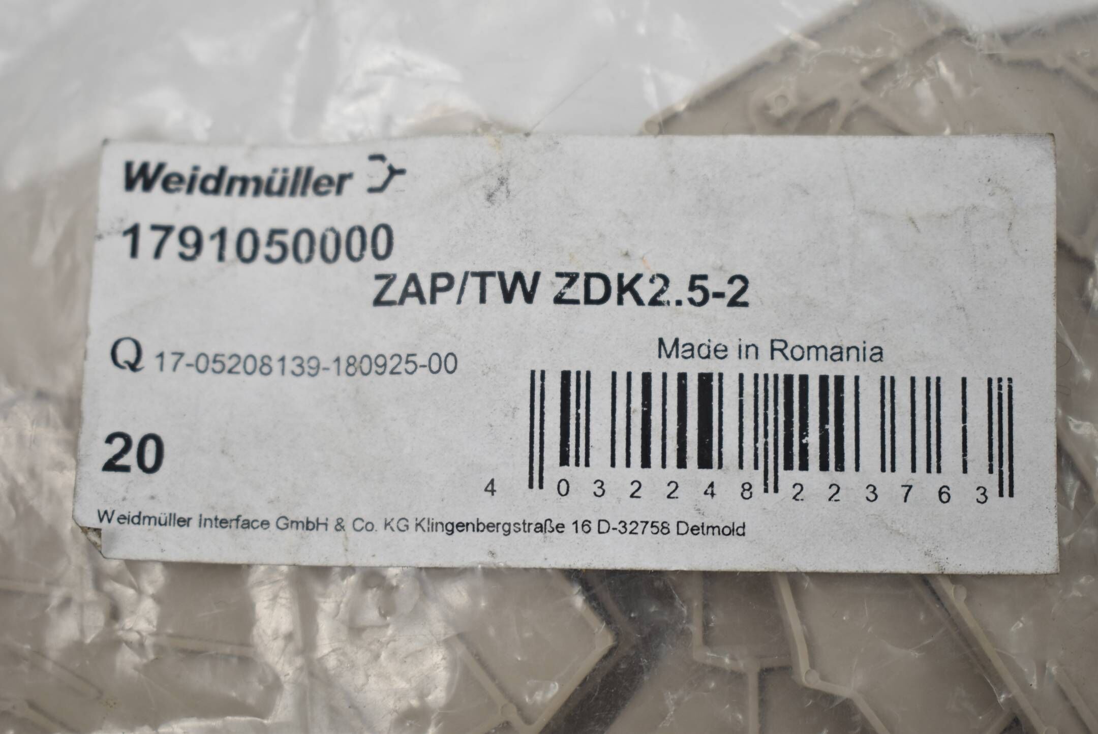 Weidmüller Abschlussplatte ZAP/TW ZDK2,5-2 ( 1791050000 ) VE 20 Stück
