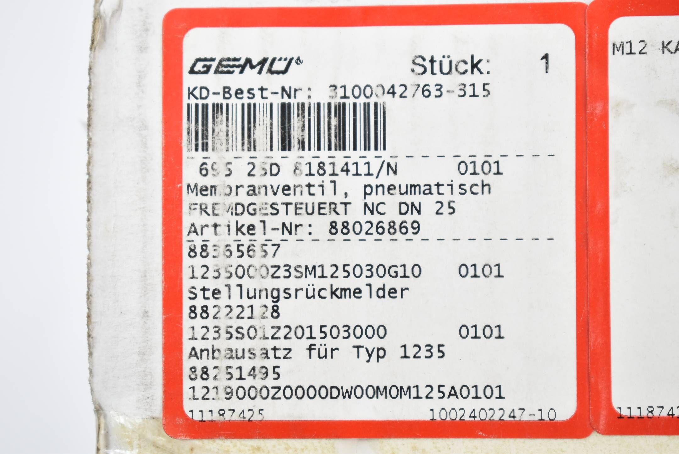 Gemü Membranventil pneumatisch 695 25D 8181411/N ( 88026869 ) 