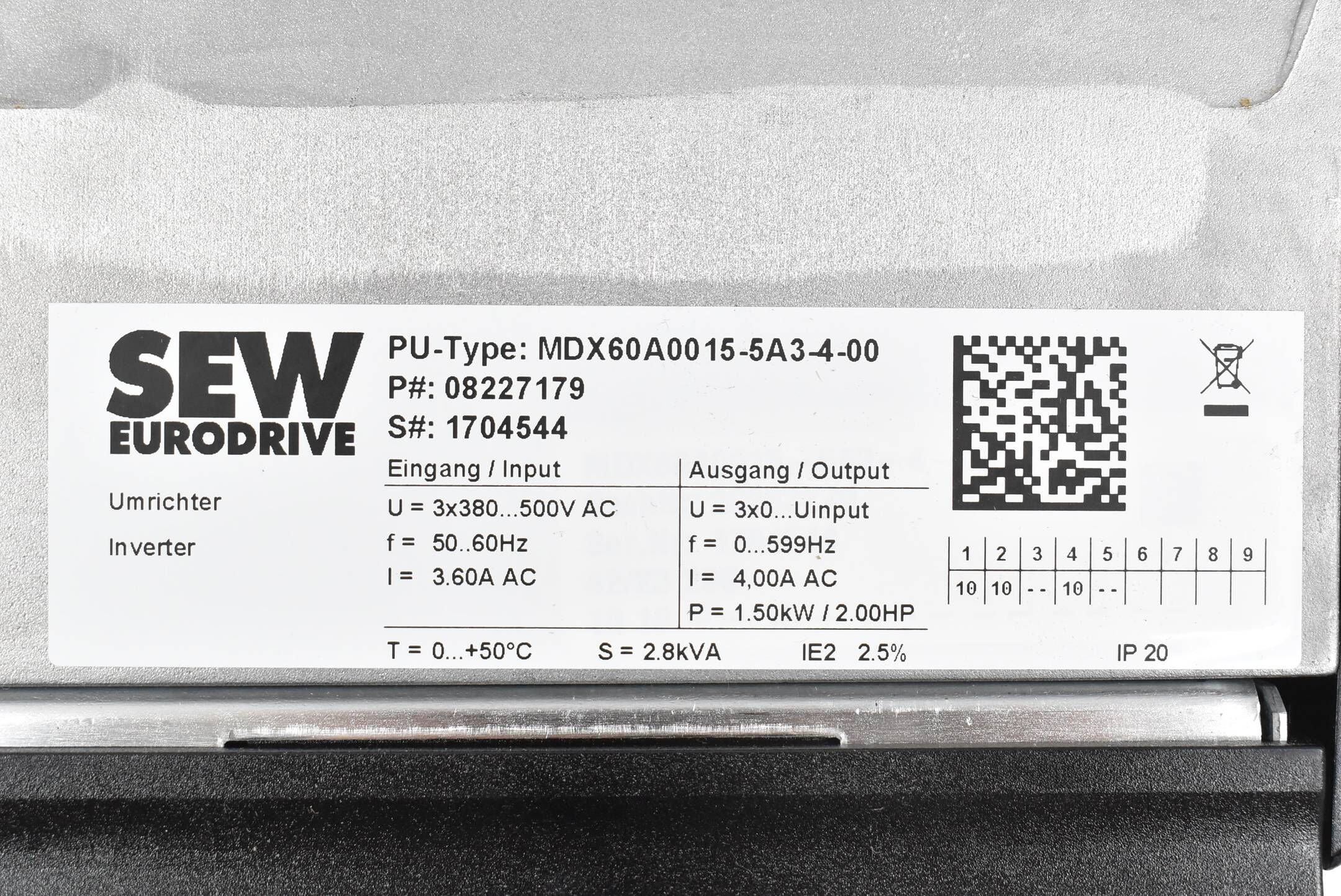 SEW Eurodrive Movidrive MDX61B0015-5A3-4-0T/DEU21B/DFE32B + MDX60A0015-5A3-4-00