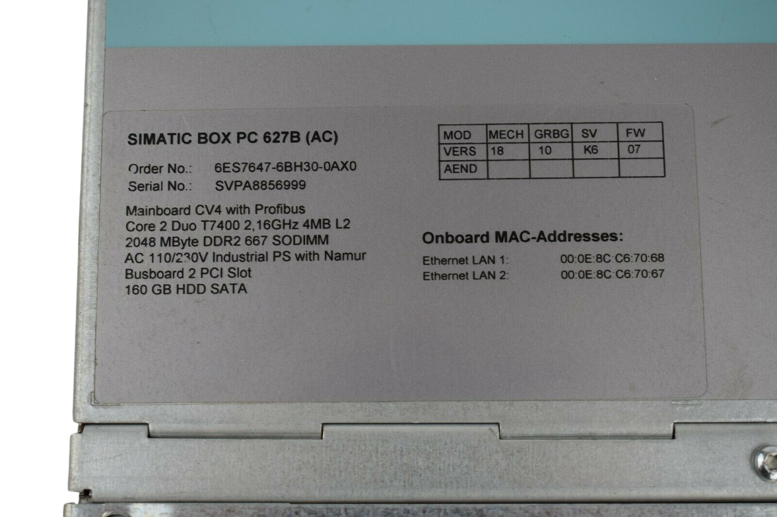 Siemens simatic BOX PC 627B  6ES7 647-6BH30-0AX0 ( 6ES7647-0BH30-0AX0 )