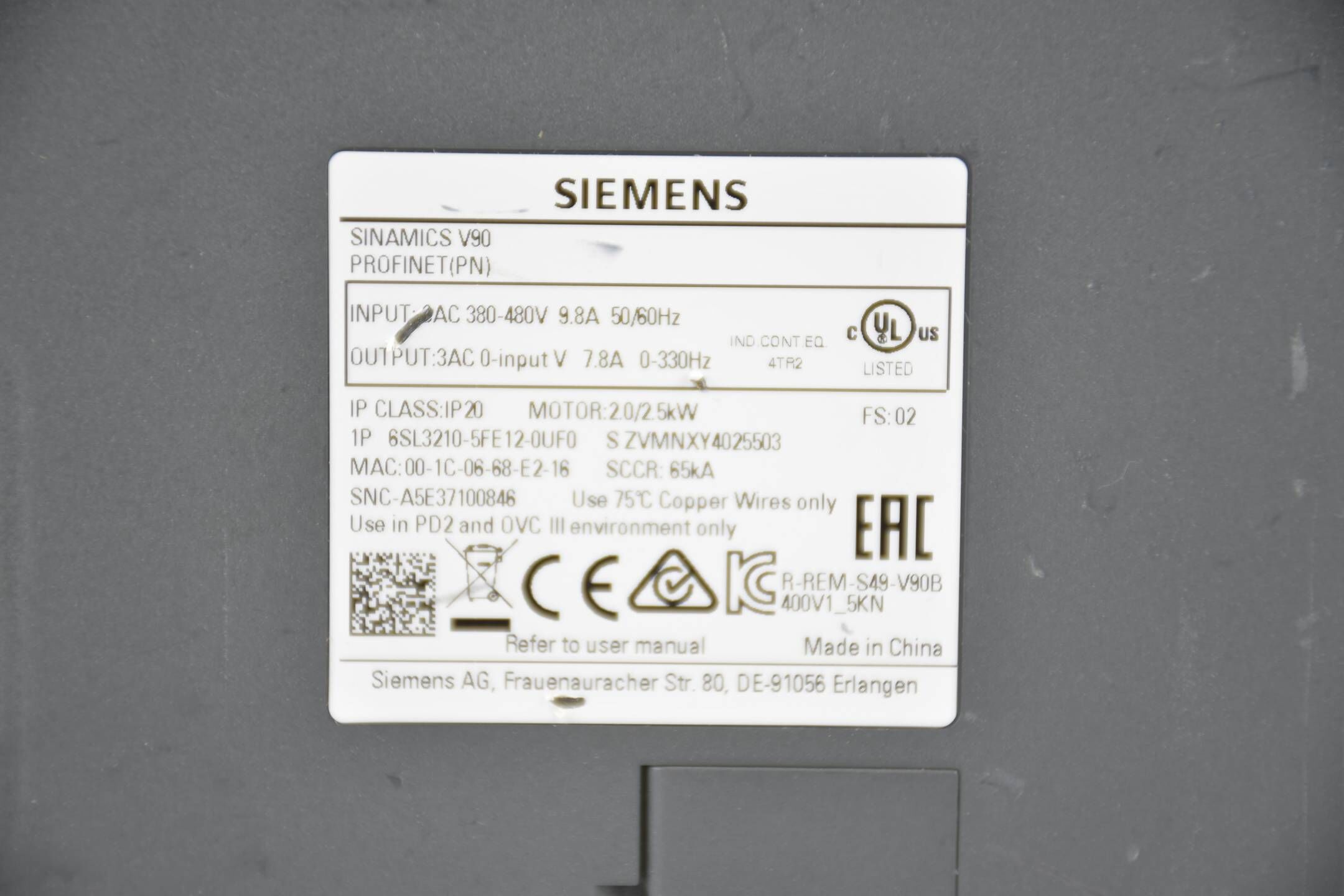 Siemens sinamics V90 Profinet 6SL3210-5FE12-0UF0 ( 6SL3 210-5FE12-0UF0 ) E2