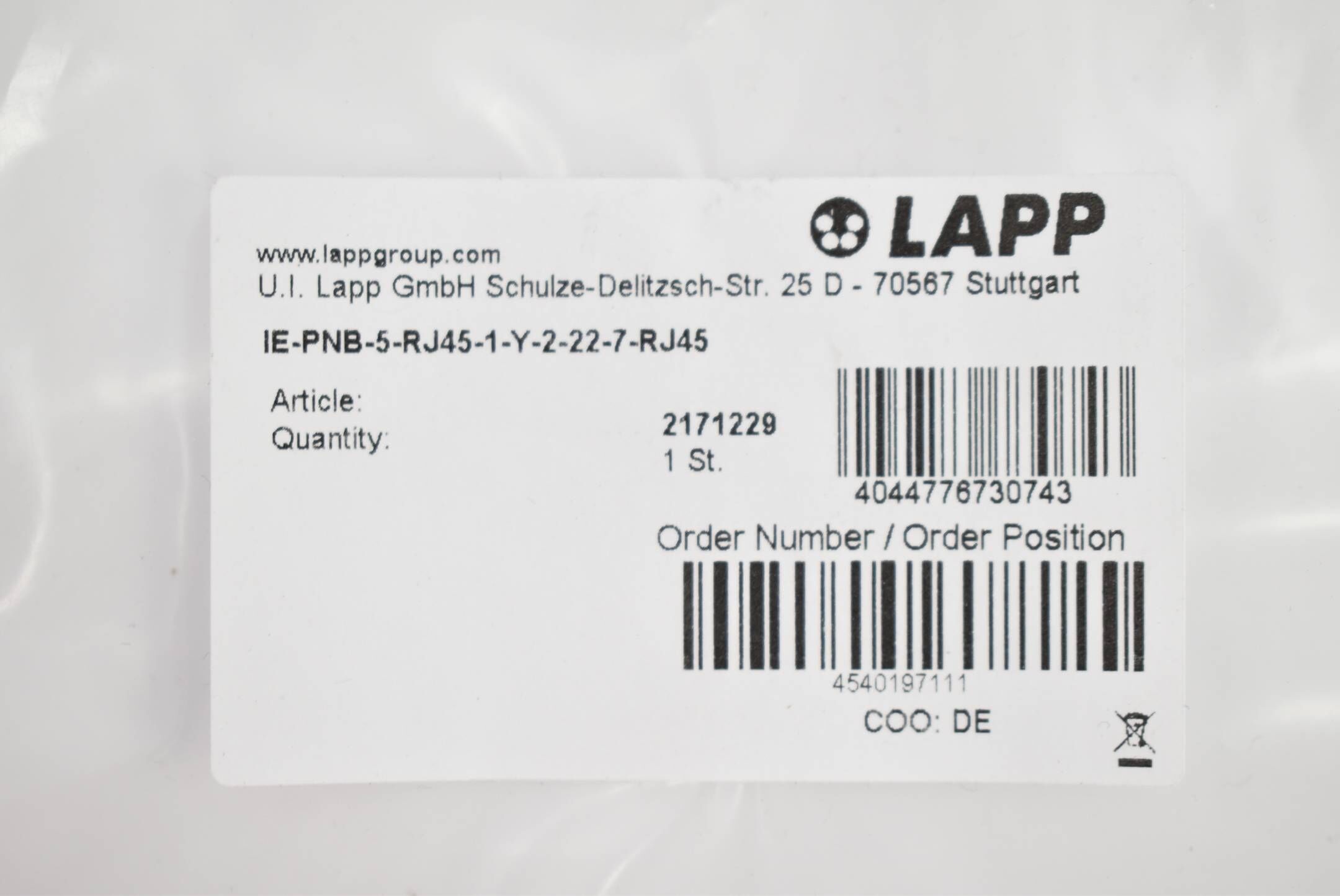 Lapp Etherline PN Flex Cat.5 RJ45 IE-PNB-5-RJ45-1-Y-2-22-7-RJ45 ( 2171229 )