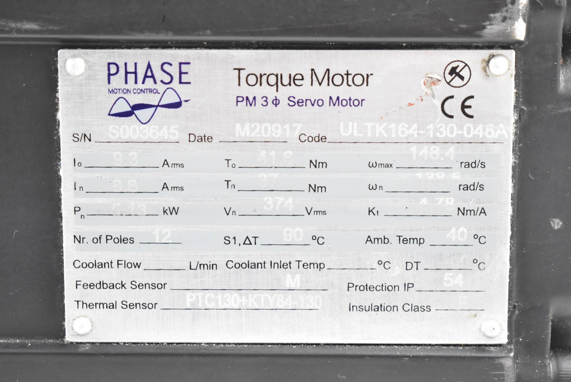 Phase motion control Servomotor 9,3A 41,6Nm 5,13Km 148,4rps ULTK164-130-048A