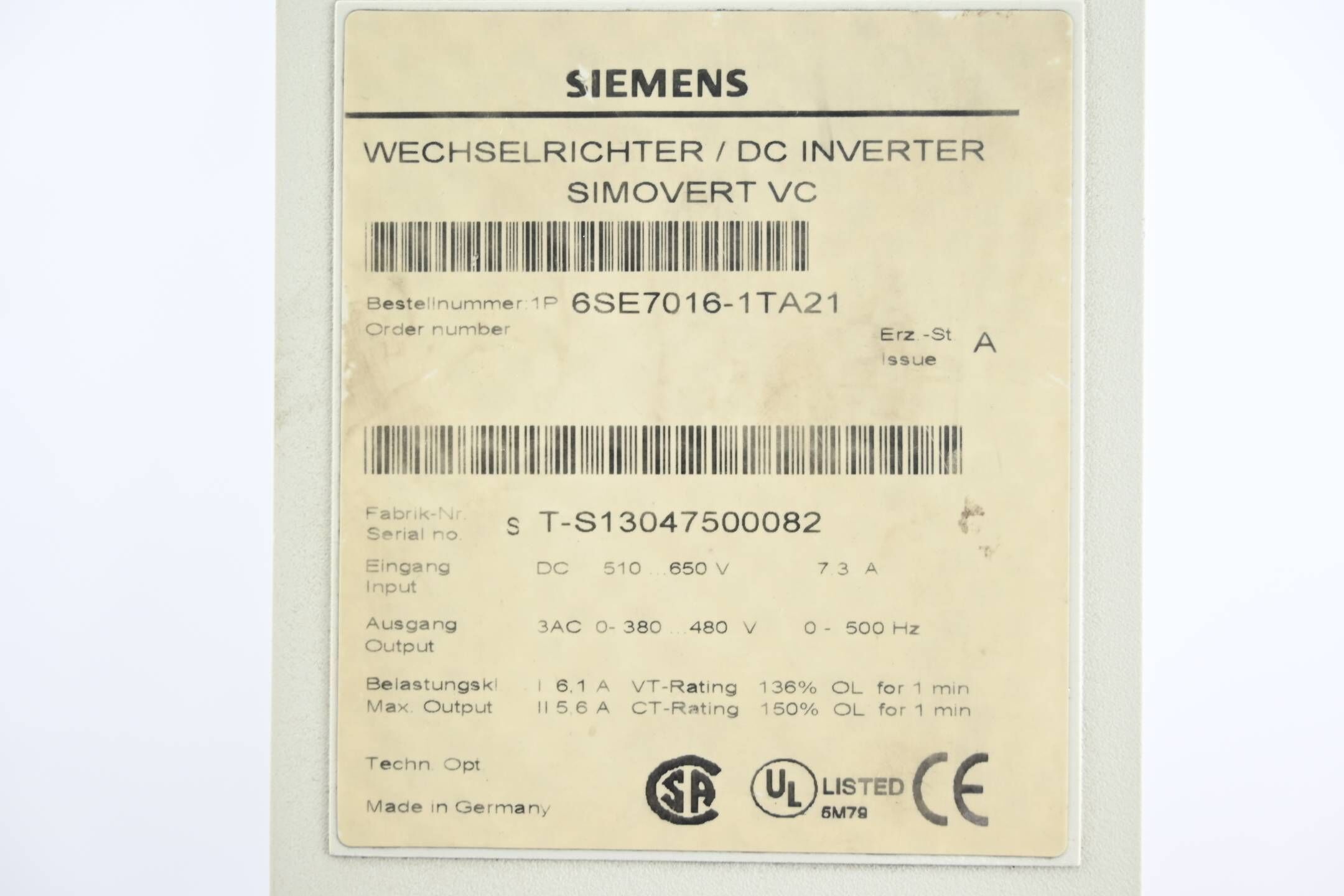 Siemens Simovert VC Wechselrichter 6SE7016-1TA21 ( 6SE7 016-1TA21 )Ver. A