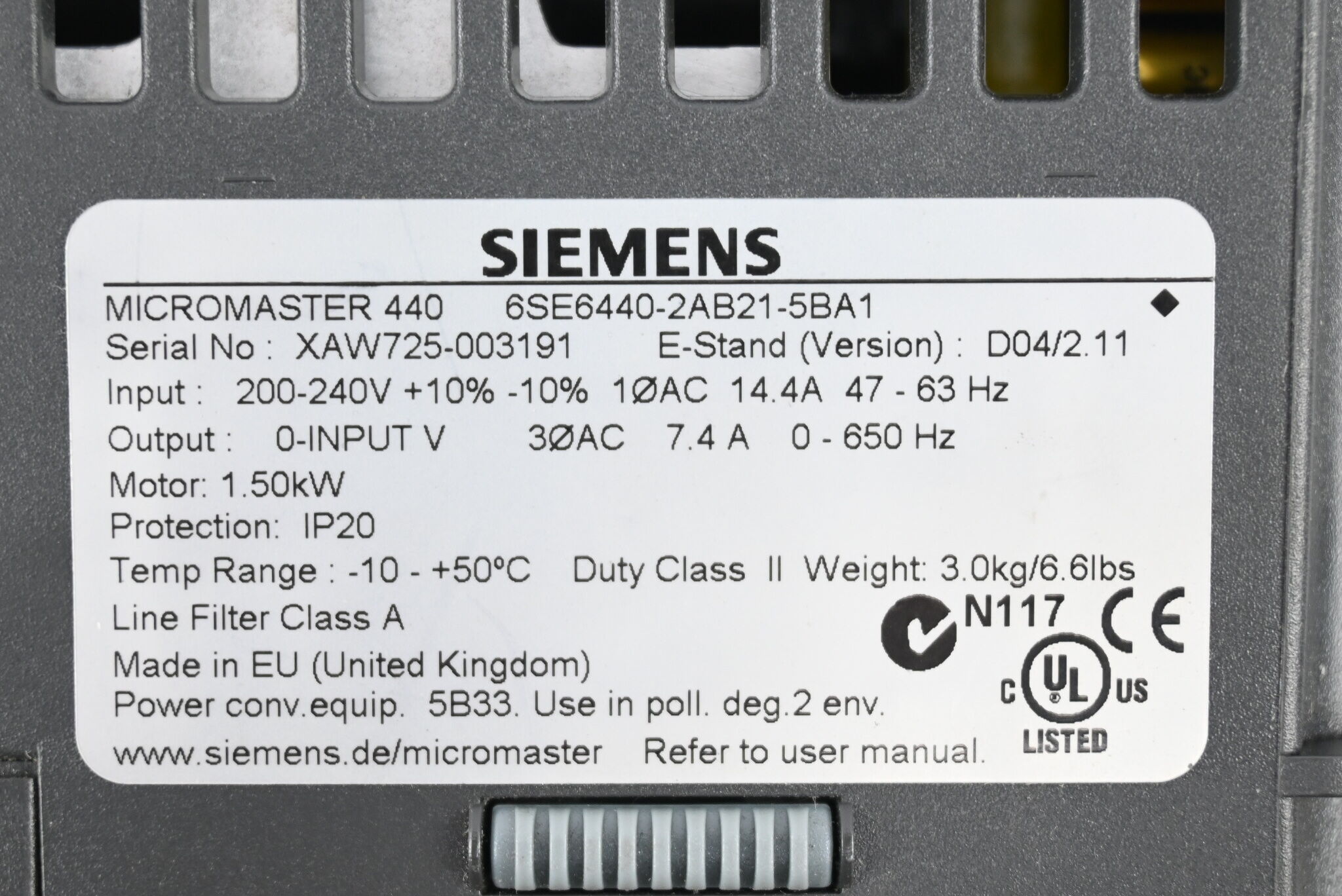 Siemens Micromaster 6SE6440-2AB21-5BA1 ( 6SE6 440-2AB21-5BA1 ) Vers. D04/2.11