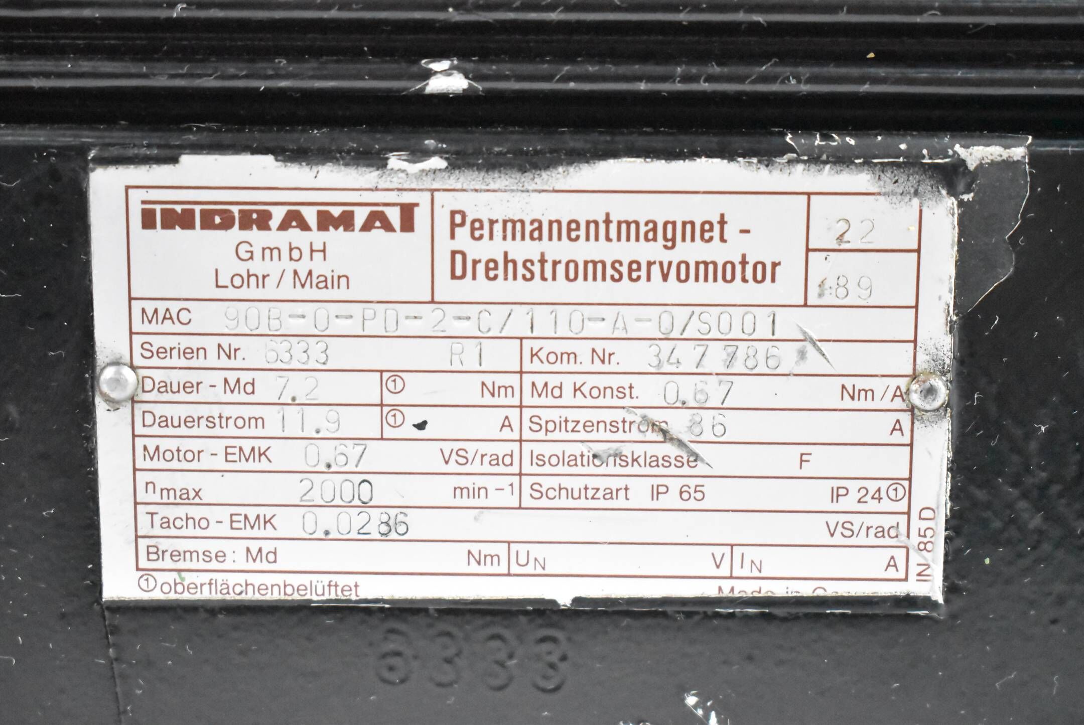 Indramat Servomotor 7,2Nm 11,9A 2000rpm 0,67Nm/A MAC90B-0-PD-2-C/110-A-0/S001